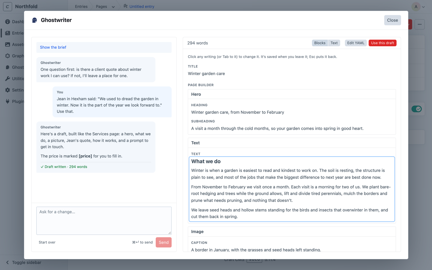 The Ghostwriter panel over a Craft entry: the conversation on the left, the draft in Blocks view on the right