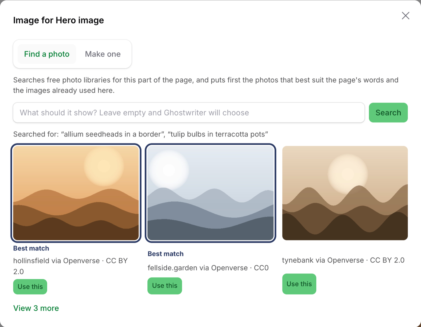 Finding a photo for an image upload field, with the best matches marked