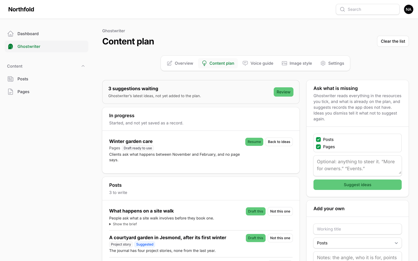 The content plan in Filament, with ideas for each resource