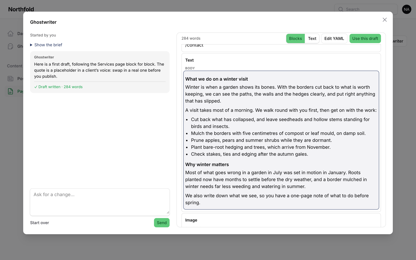 The Ghostwriter panel over a Filament Create page: the conversation on the left, the draft in Blocks view on the right