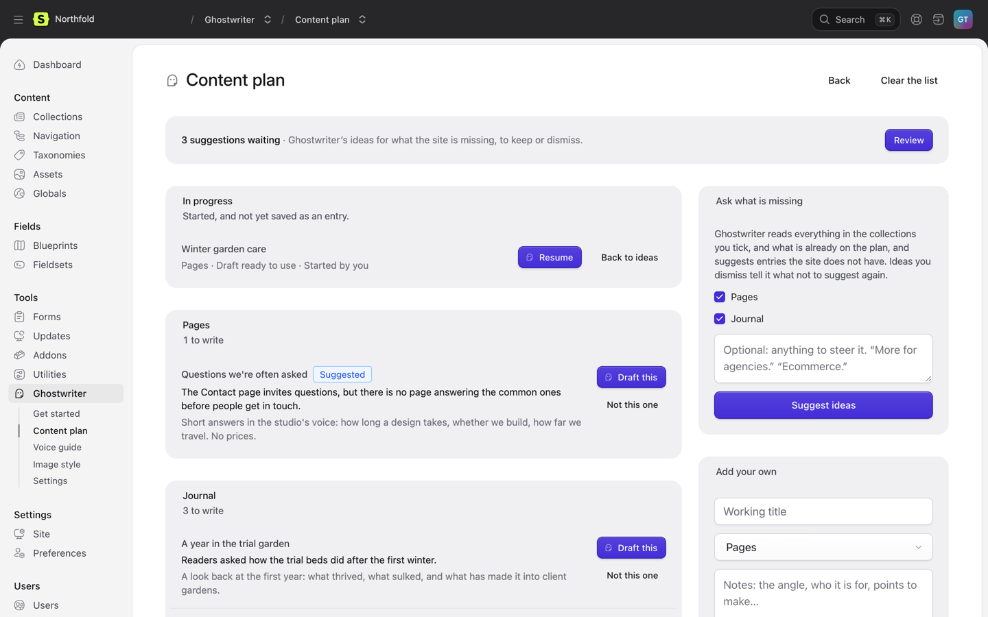 The content plan in Statamic, with ideas for each collection