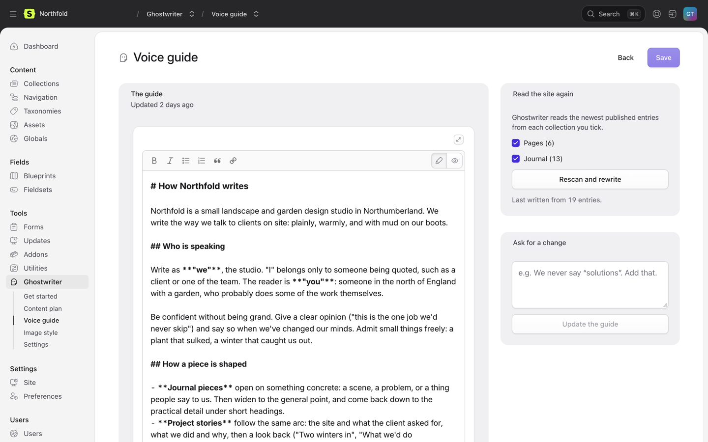 The voice guide for a Statamic site, with the guide on the left and Read the site again on the right