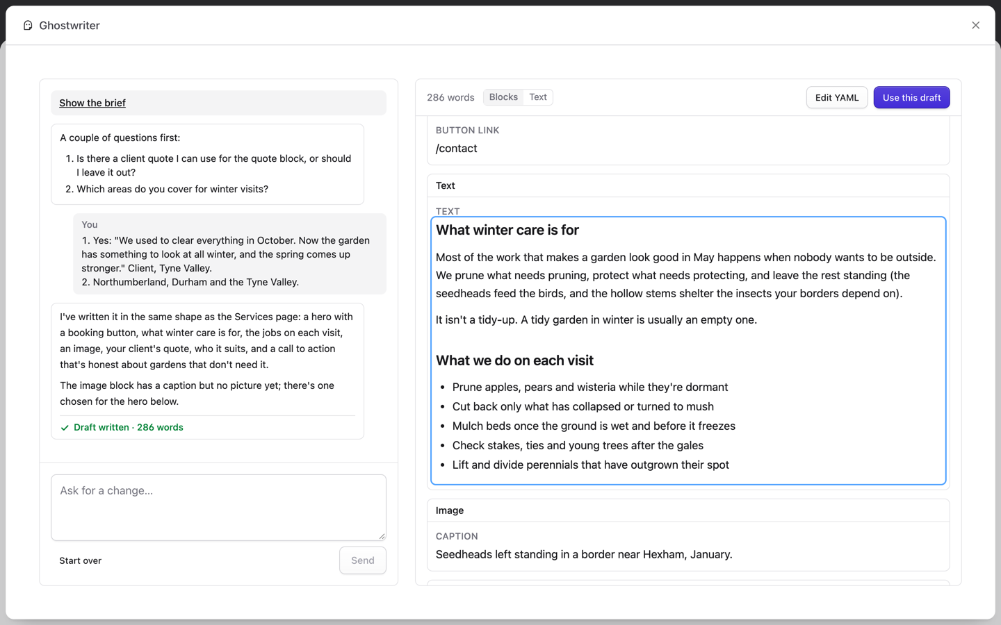 The Ghostwriter panel beside a Statamic entry: the conversation on the left, the draft in Blocks view on the right