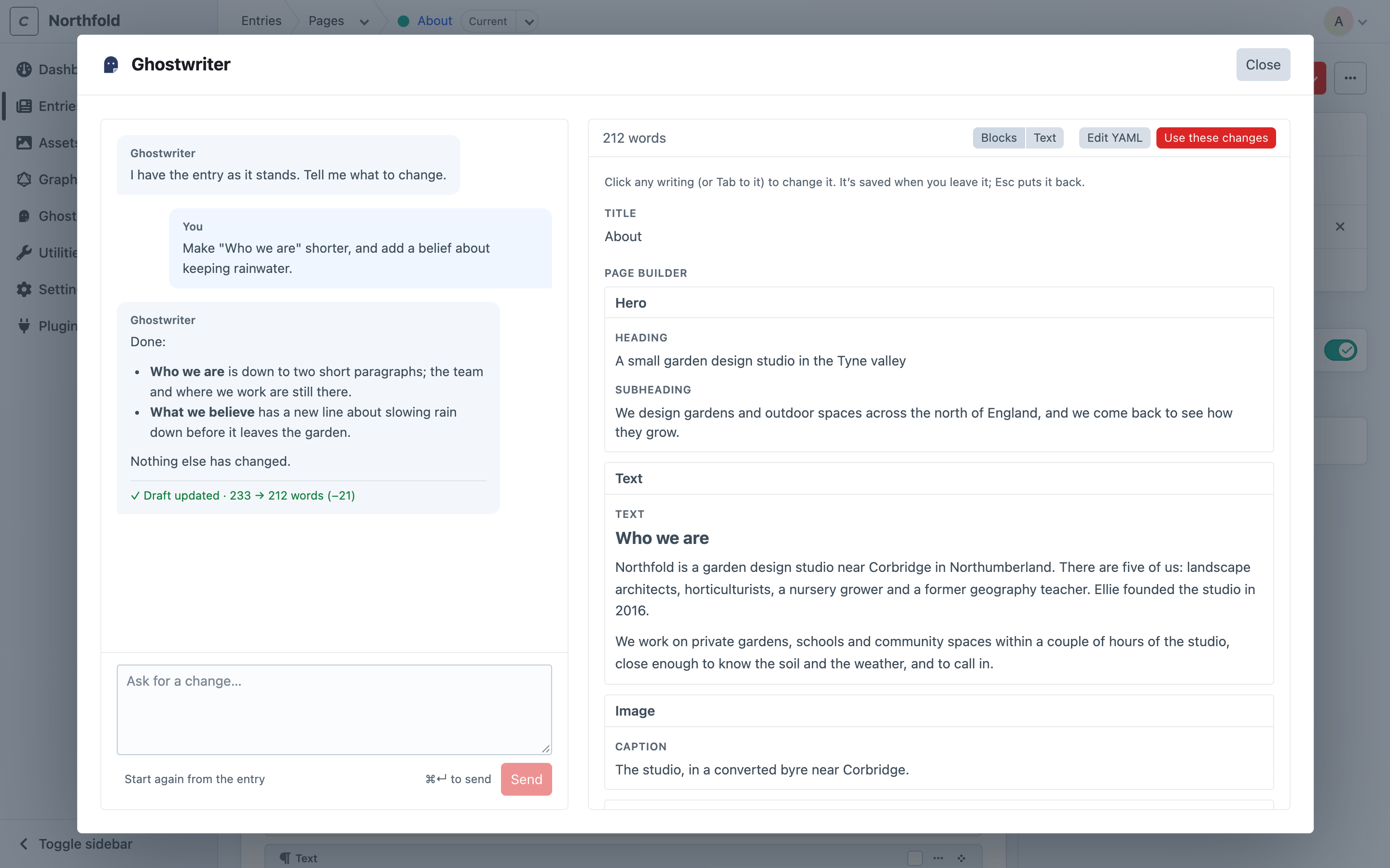 Edit with Ghostwriter on the About page, with a change asked for, the revised draft beside it, Use these changes and Start again from the entry
