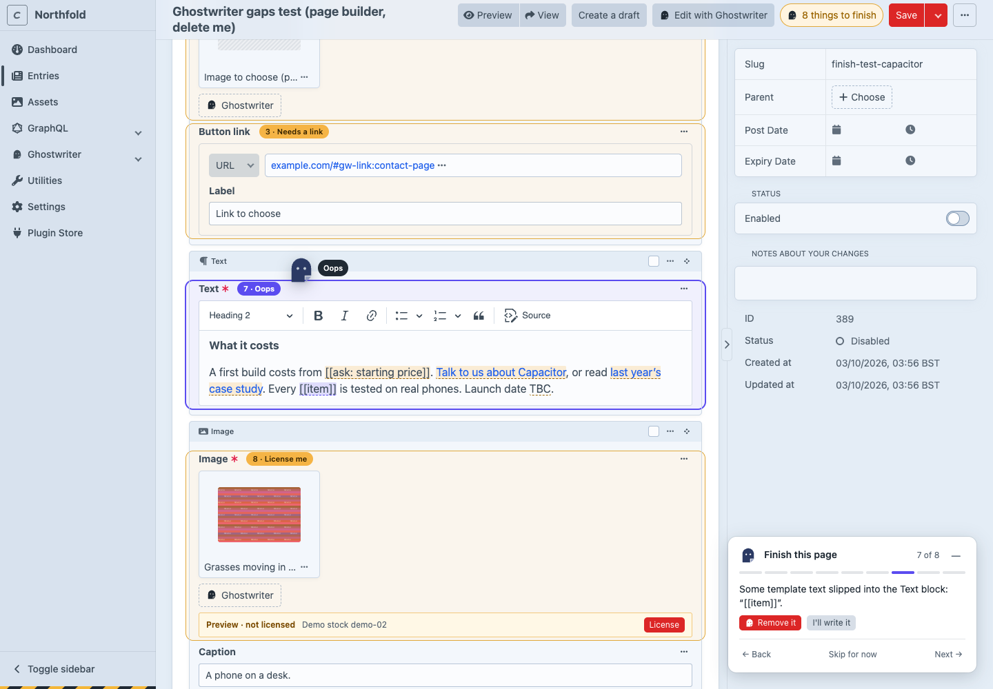 The guide on a page-builder entry: the count beside Save, the current field outlined in purple with its tag, the fact to add highlighted in CKEditor, the Ghostwriter mark beside it saying "Fill this in", and the guide in the corner asking what it should say
