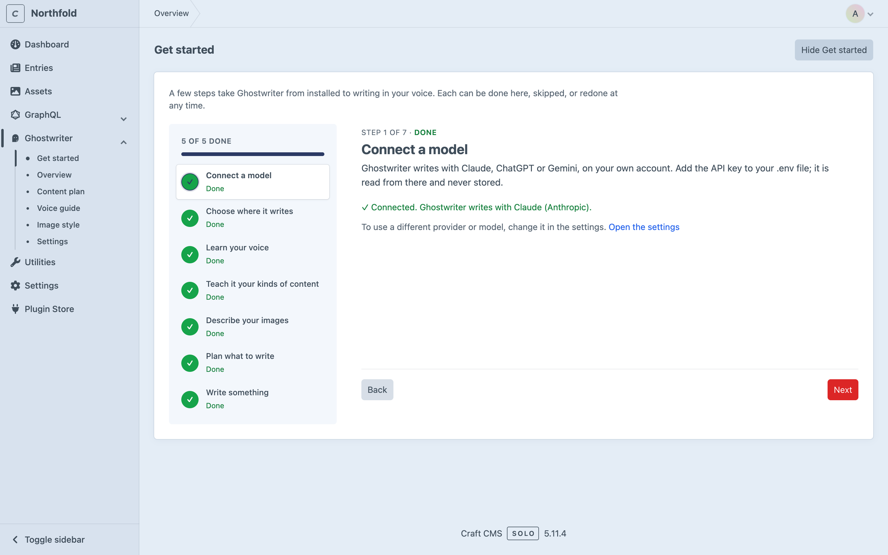 Get started on step 1, Connect a model, done and naming the provider, with the seven steps listed down the left