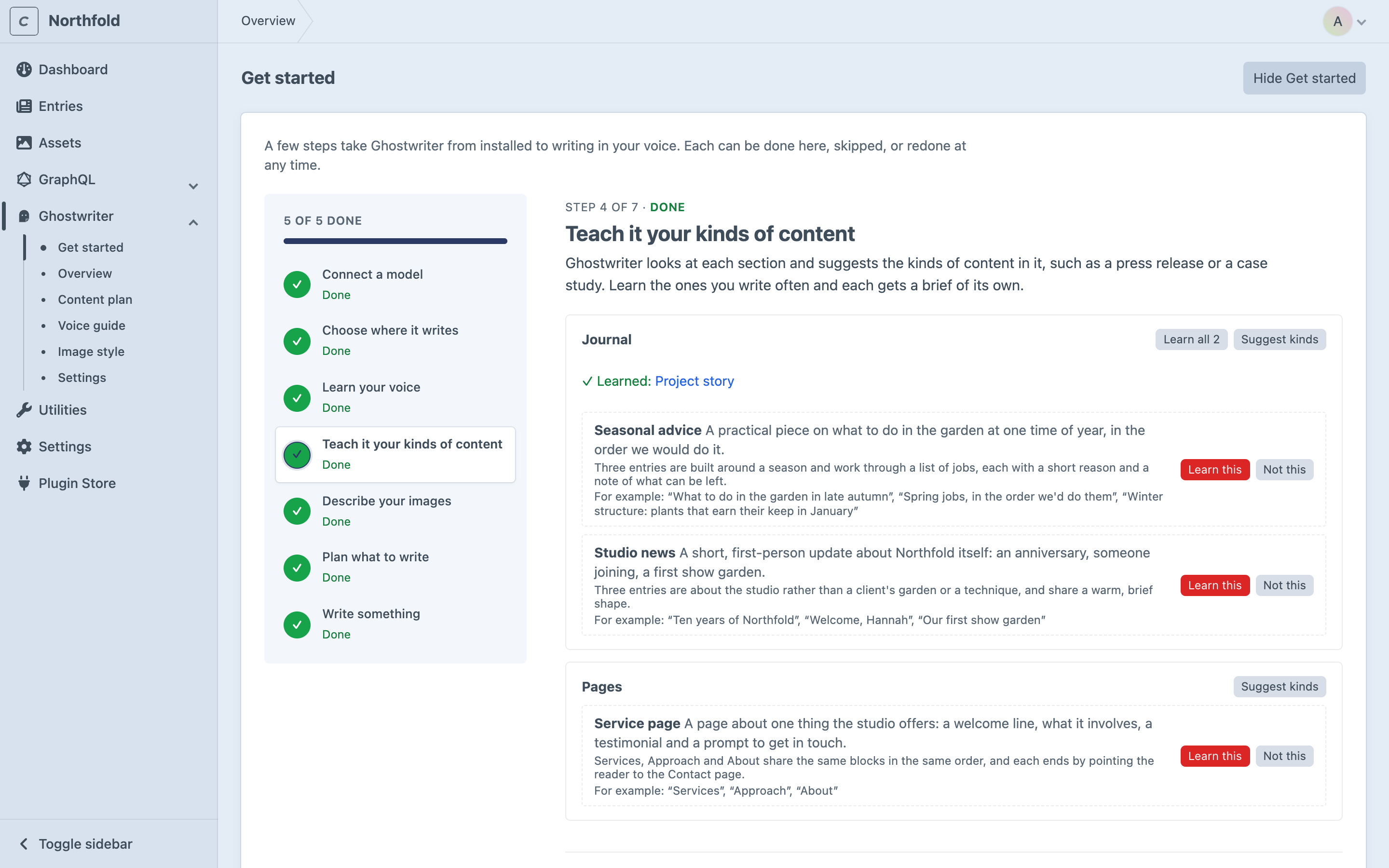 Get started on step 4, with suggested kinds of content for each section and their Learn this and Not this buttons