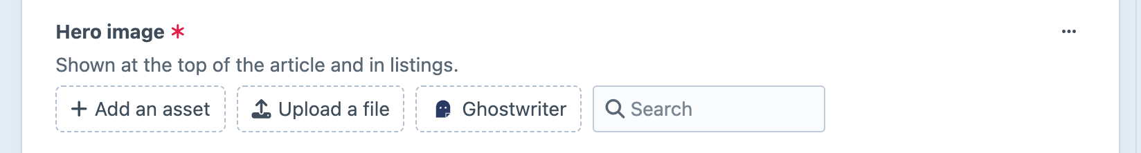 The Hero image field on an entry, with the Ghostwriter button beside Add an asset and Upload a file