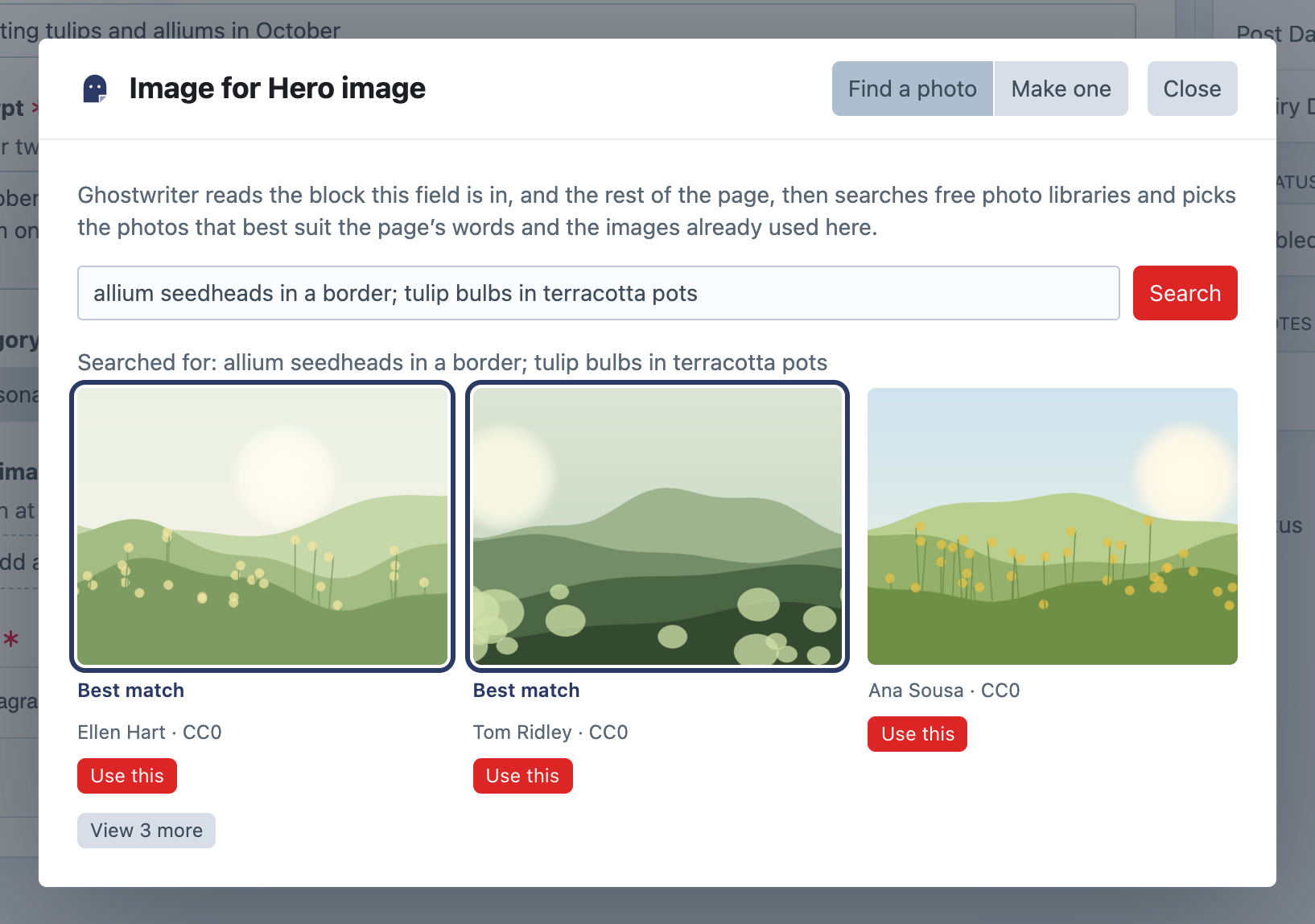 The Image for Hero image dialog on Find a photo, with Searched for: above three results, two marked Best match, each with Use this, and View 3 more