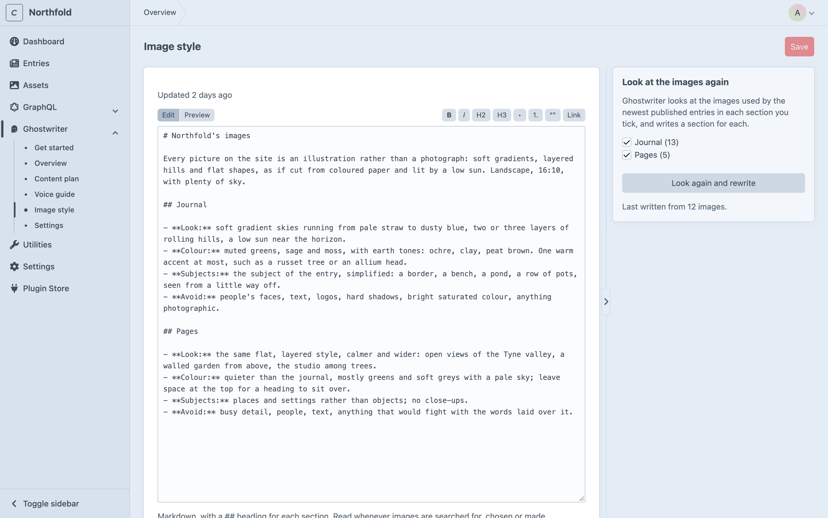The image style guide in its editor, with a section for Journal and one for Pages, and Look again and rewrite
