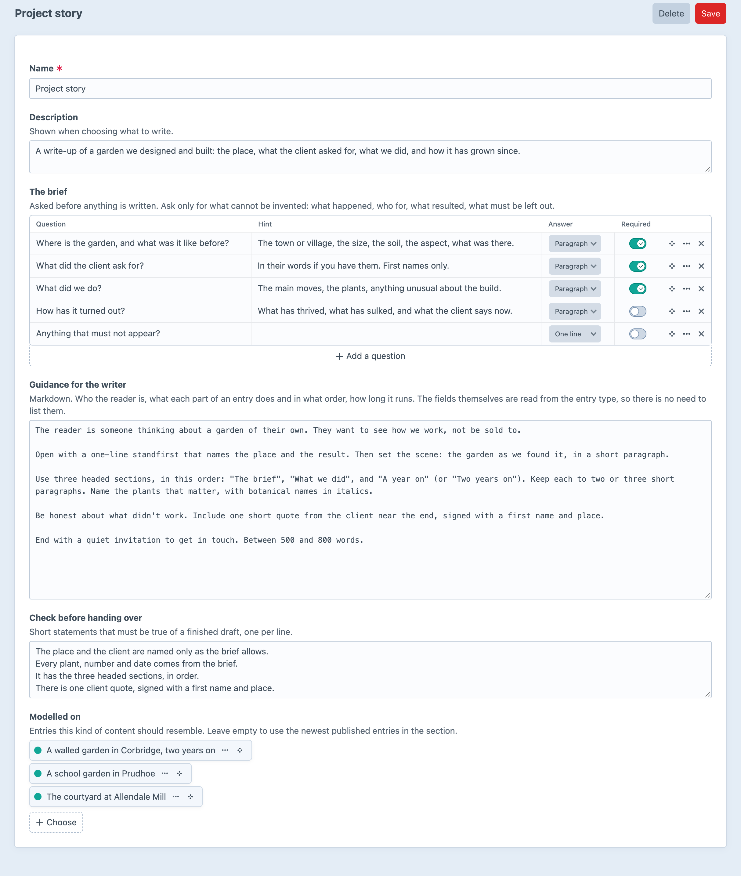 Editing the Project story kind: its description, the brief's questions, guidance, the checklist and the entries it's modelled on
