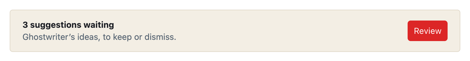 The card at the top of the content plan saying 3 suggestions waiting, with Review