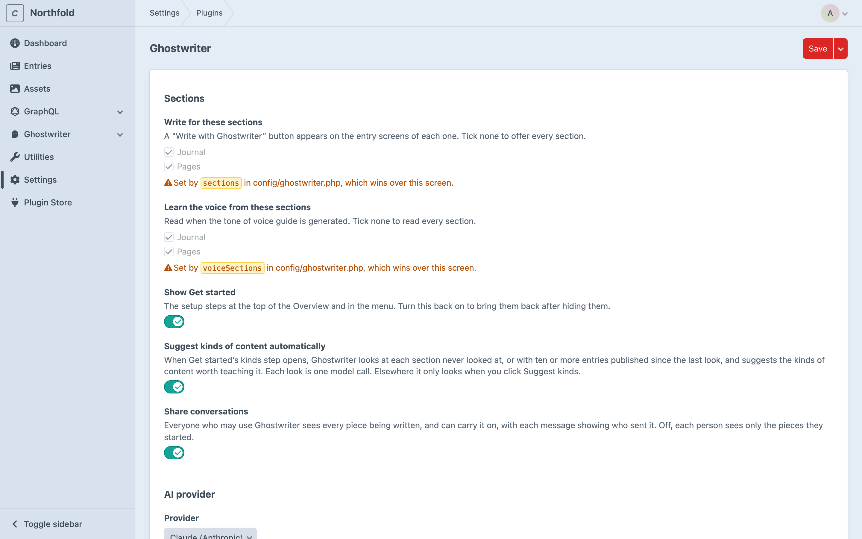 The Ghostwriter settings page, with the Sections settings at the top