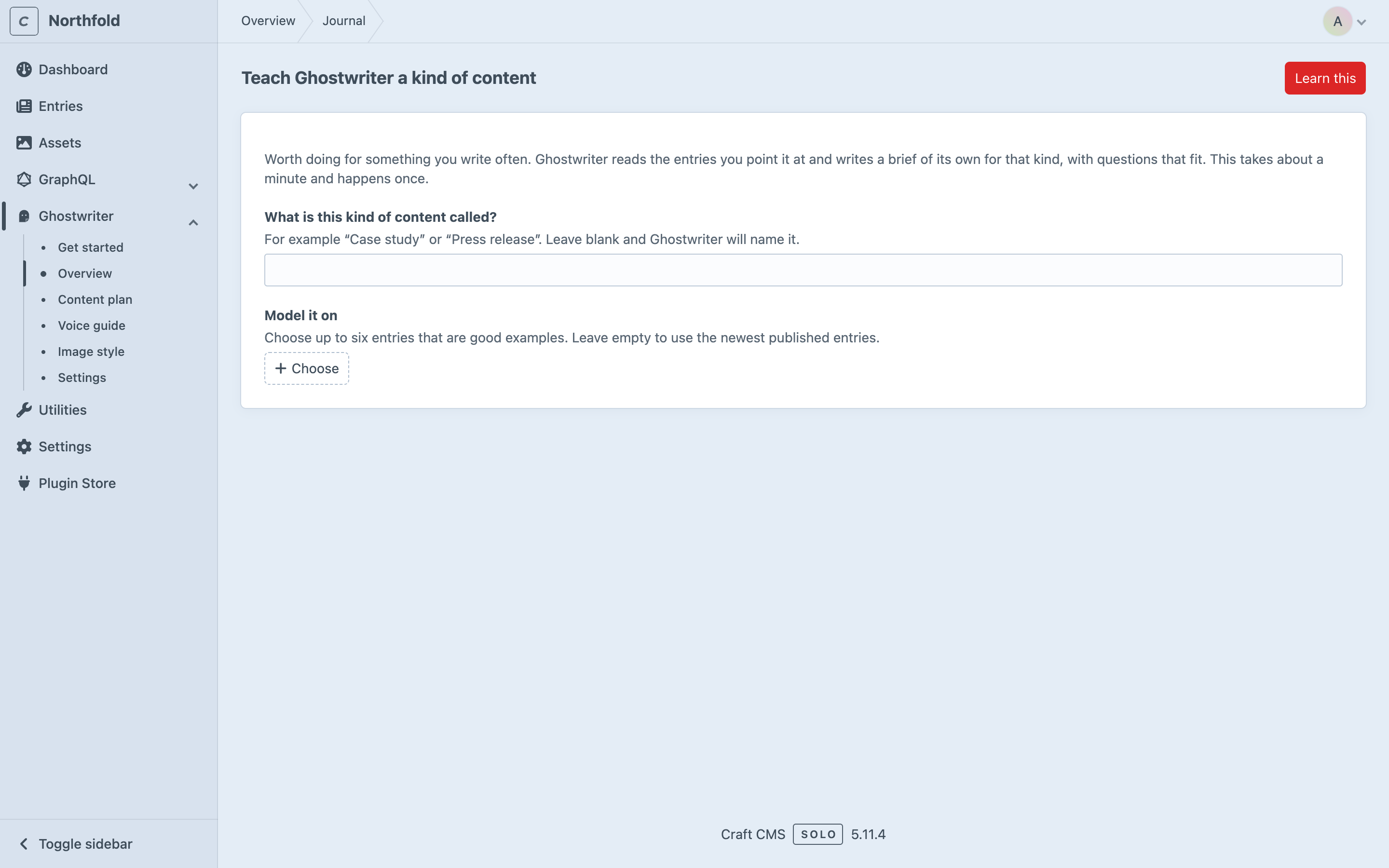 The Teach Ghostwriter a kind of content page for Journal, with the kind's name and Model it on