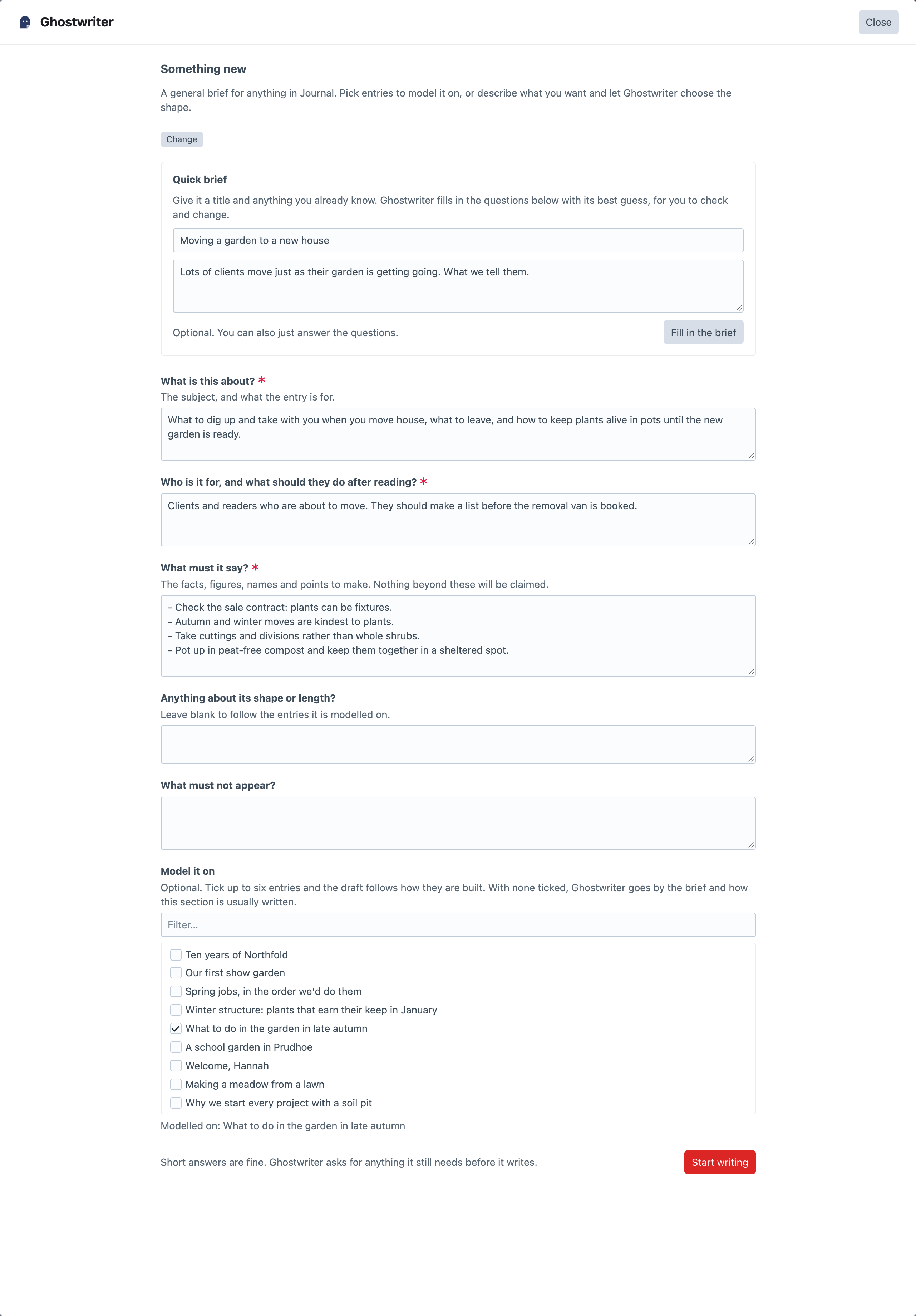 The quick brief for Something else, with a working title and notes, the questions filled in, an entry ticked under Model it on, and Start writing
