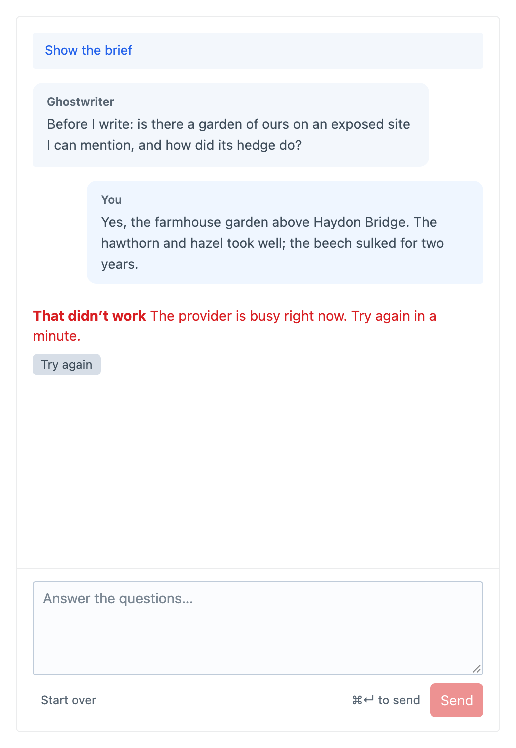 A piece in the writing panel that failed, with That didn't work, the provider's message and Try again