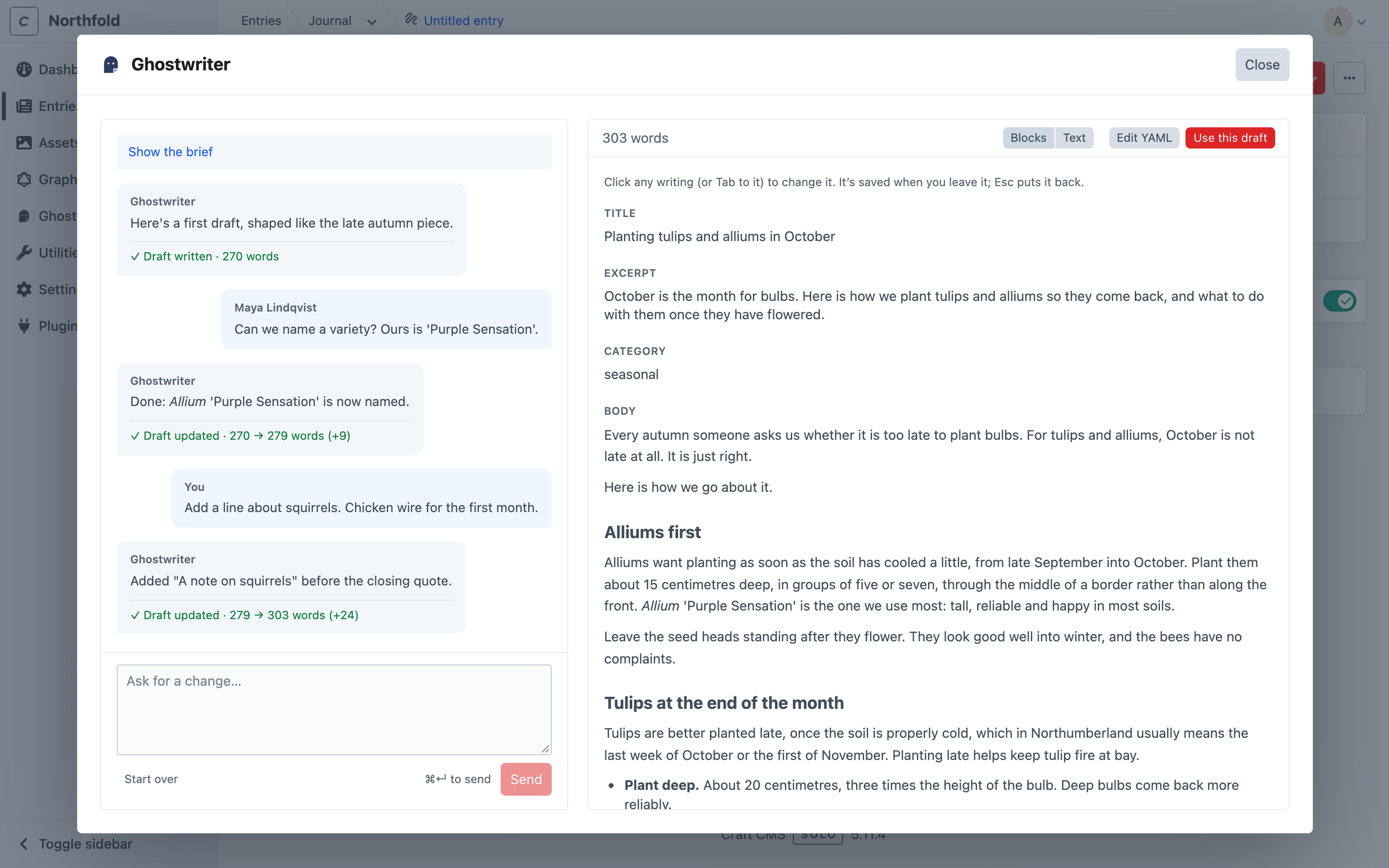 The writing panel on a shared piece, with messages from Maya Lindqvist, Ghostwriter and You