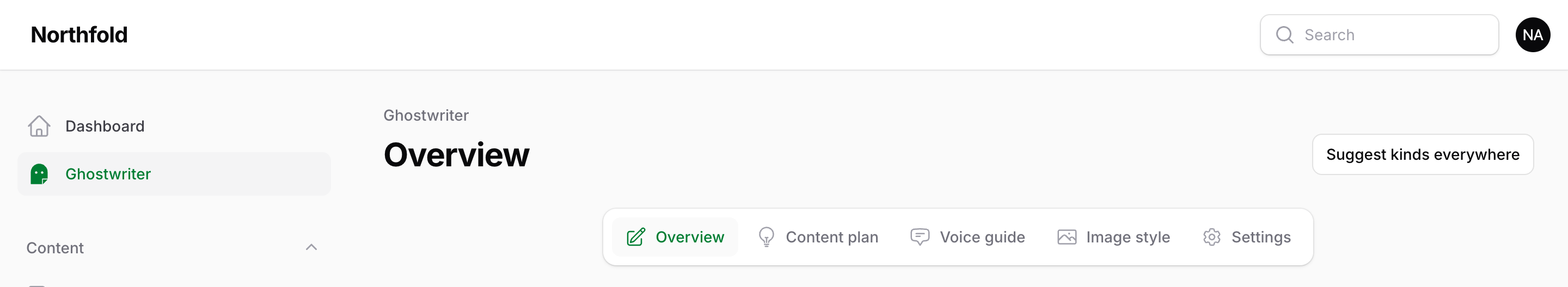 The Ghostwriter tabs across the top of the Overview: Overview, Content plan, Voice guide, Image style and Settings
