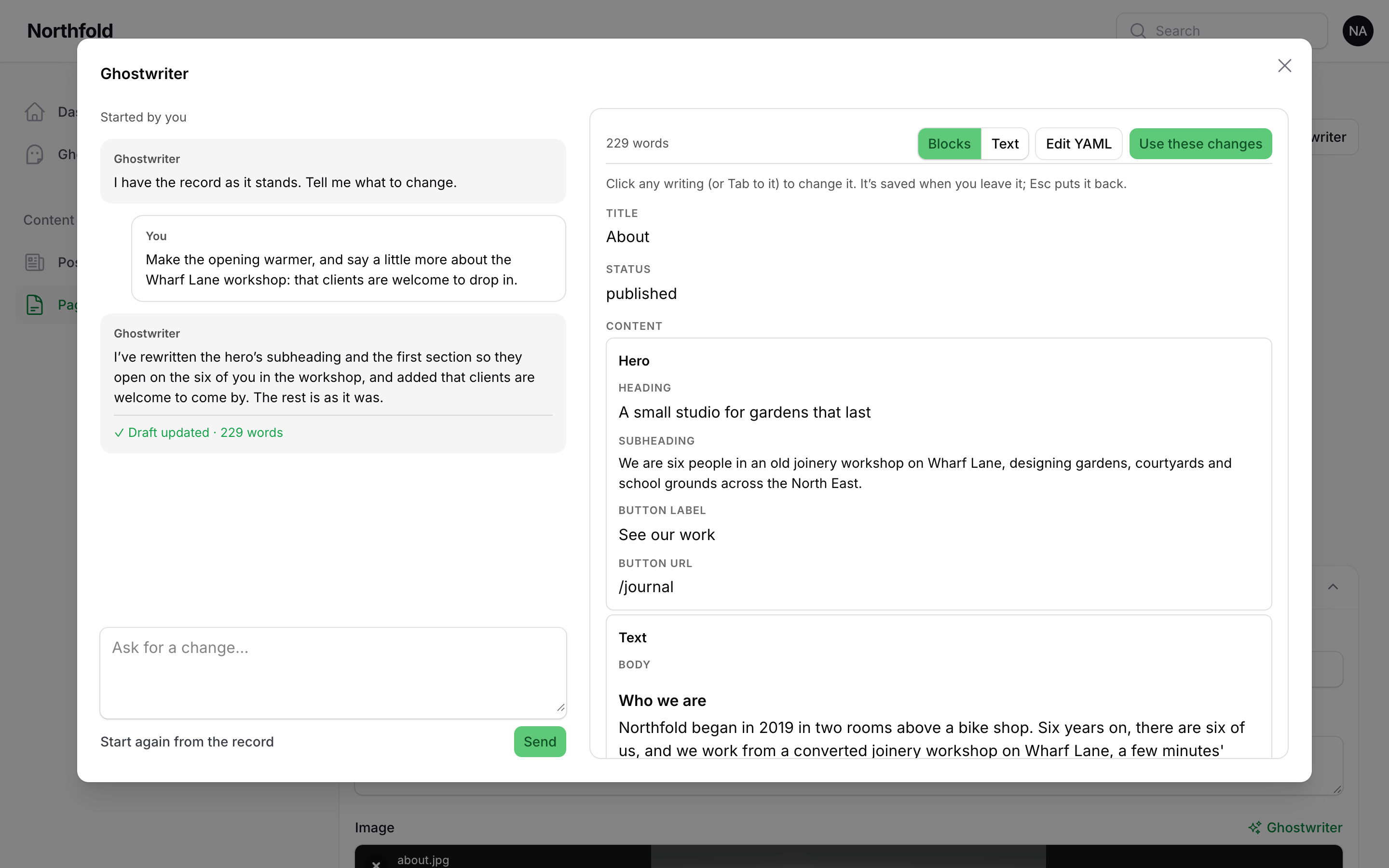 Edit with Ghostwriter on the About page, with a change asked for and the revised draft beside it