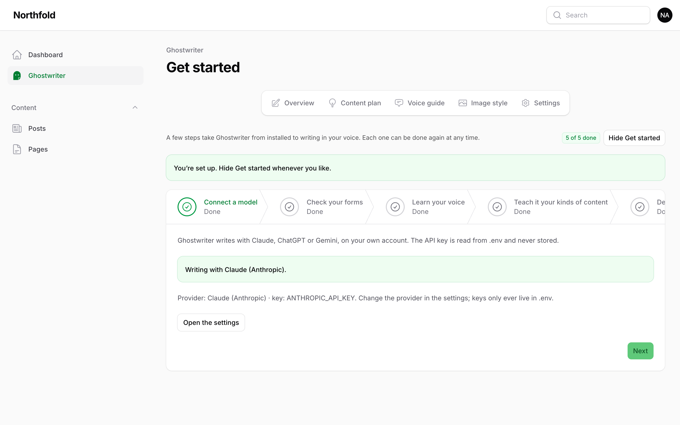 Get started on step 1, Connect a model, done and naming the provider, with the seven steps listed across the top