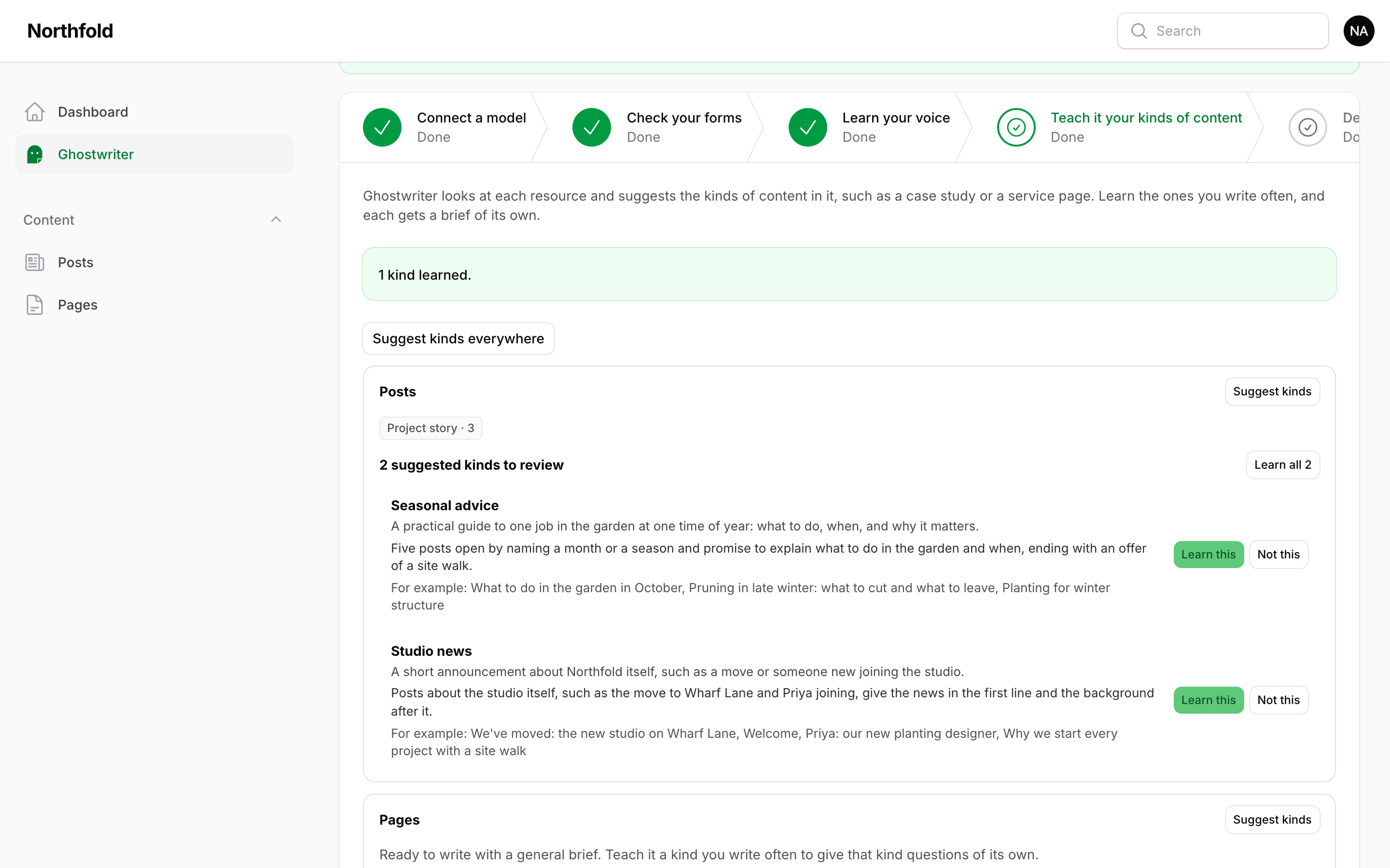 Get started on step 4, with suggested kinds of content and their Learn this and Not this buttons