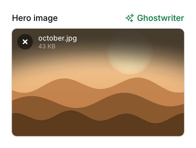 The Hero image upload field on a Create page, with the Ghostwriter link beside its label
