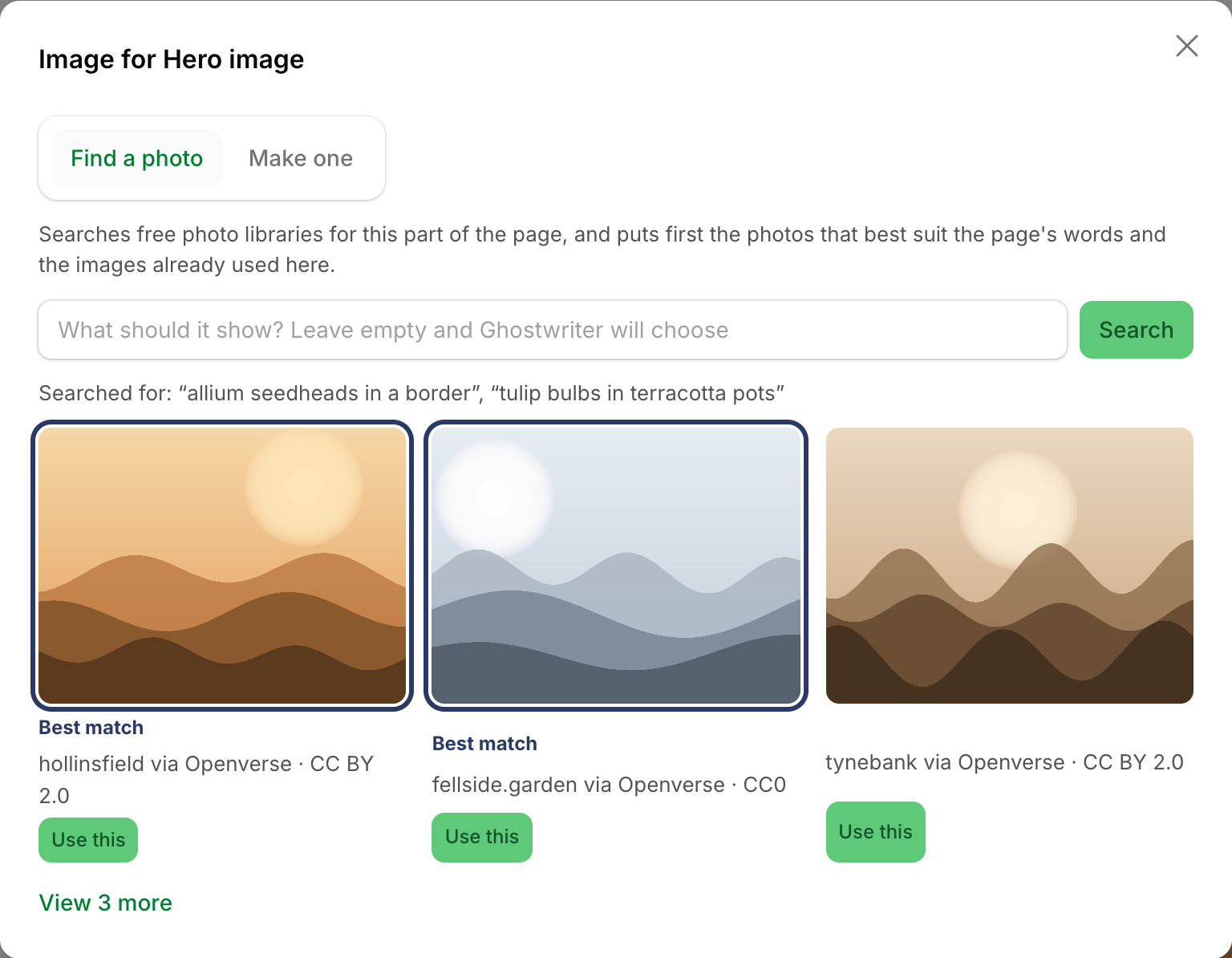 Find a photo with Searched for: above six results, two marked Best match, each with Use this
