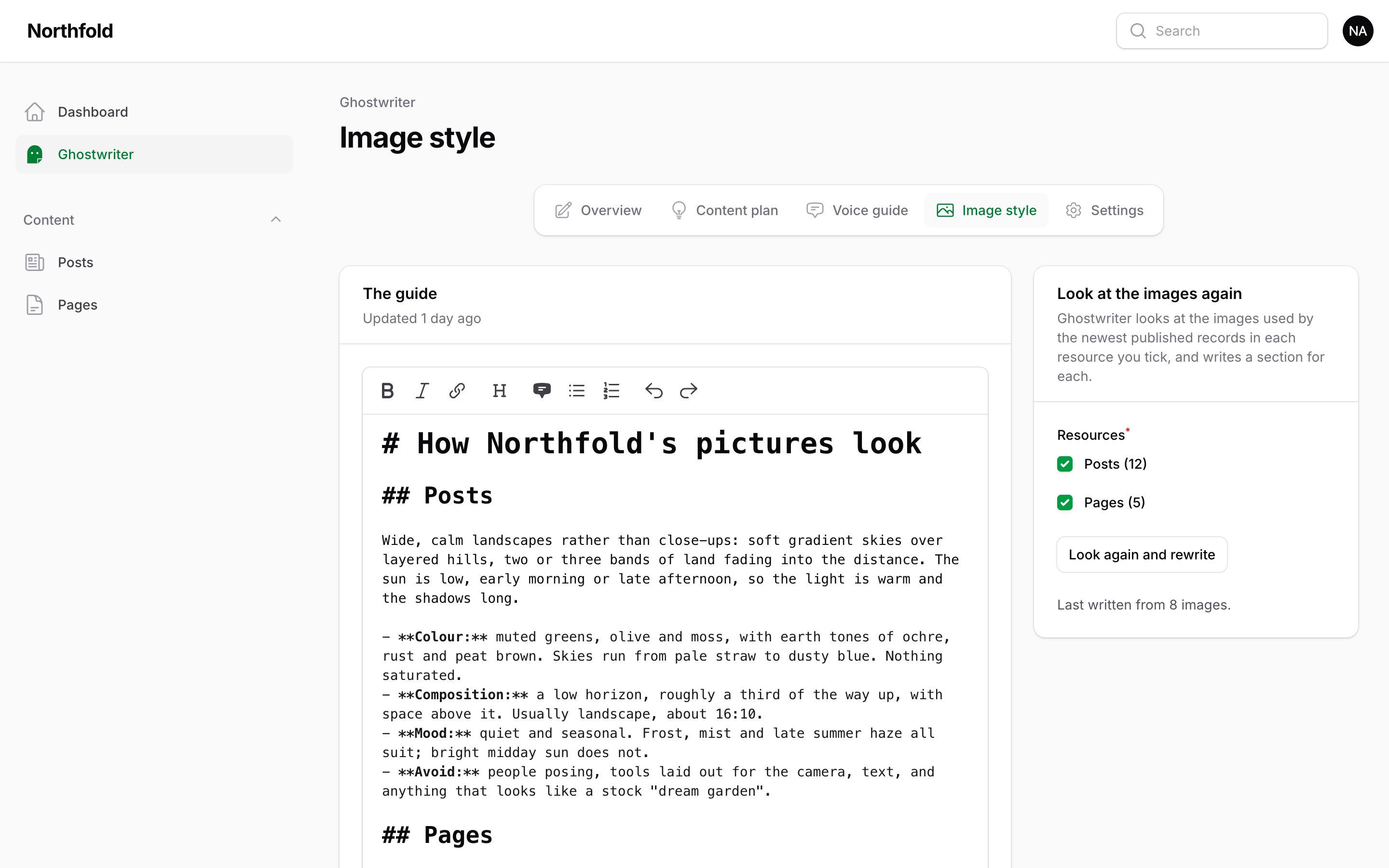 The image style guide in its editor, with a section for each resource and Look again and rewrite