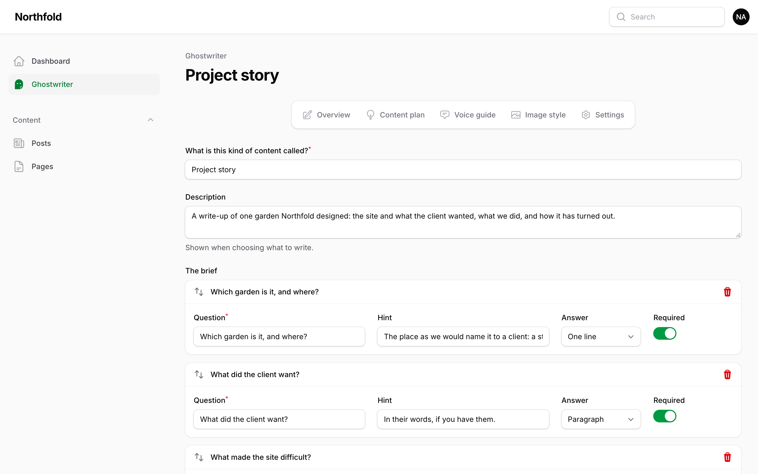 Editing the Project story kind: its description, the brief's questions, guidance, the checklist and the records it's modelled on