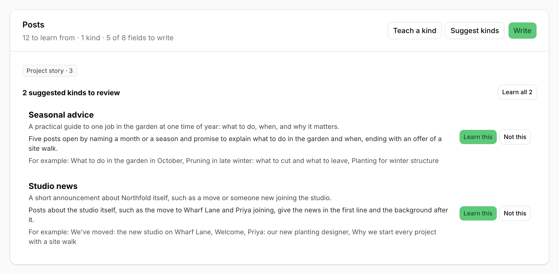 Two suggested kinds for Posts on the Overview, each with a description, why it's worth teaching, For example titles, Learn this and Not this, and Learn all 2