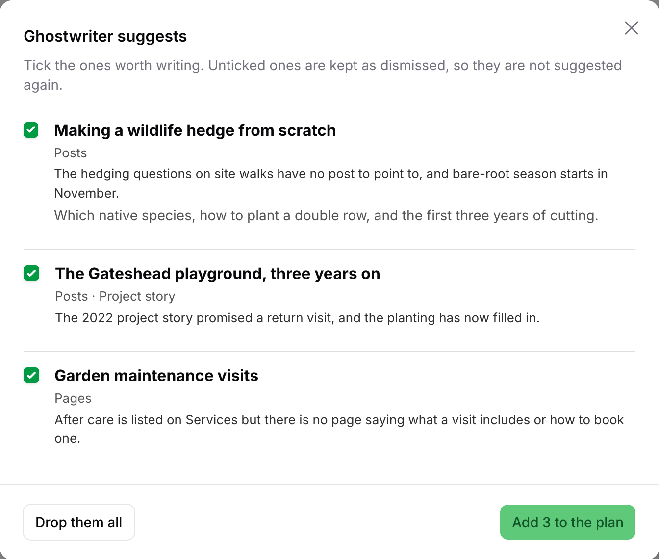 The Ghostwriter suggests box with three ideas ticked, Add 3 to the plan and Drop them all
