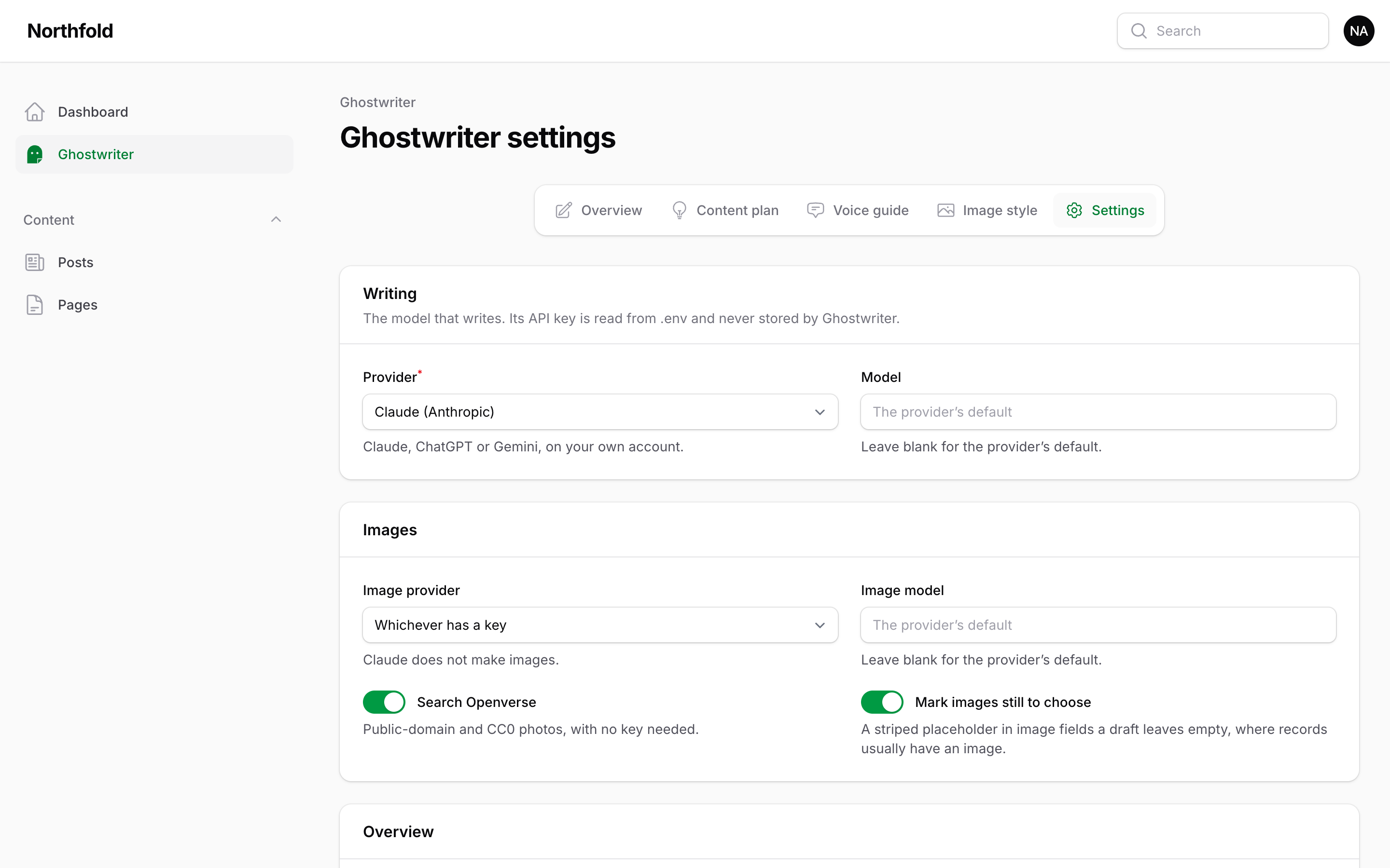 The Ghostwriter settings page, with the Writing and Images sections