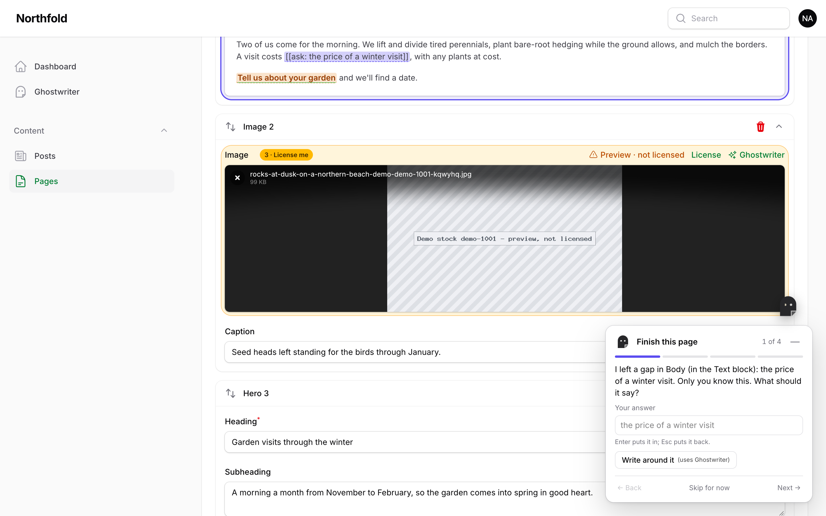 A Demo stock stand-in in an Image block's upload field, marked "3 · License me", with Preview · not licensed and License beside the Ghostwriter link