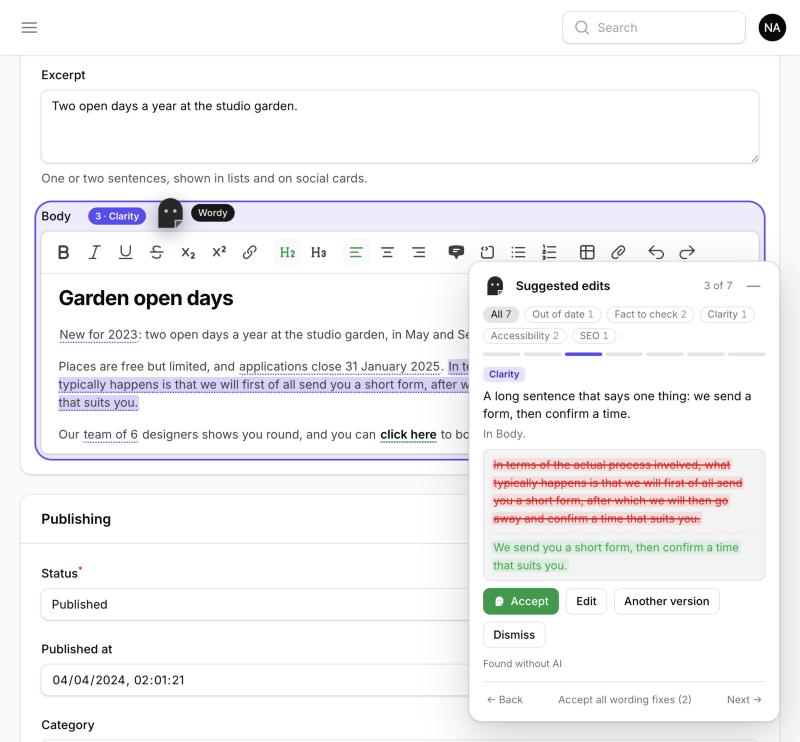 The guide on a post: the Body field current, the long sentence underlined in the editor, and the suggestion as the whole sentence before and after