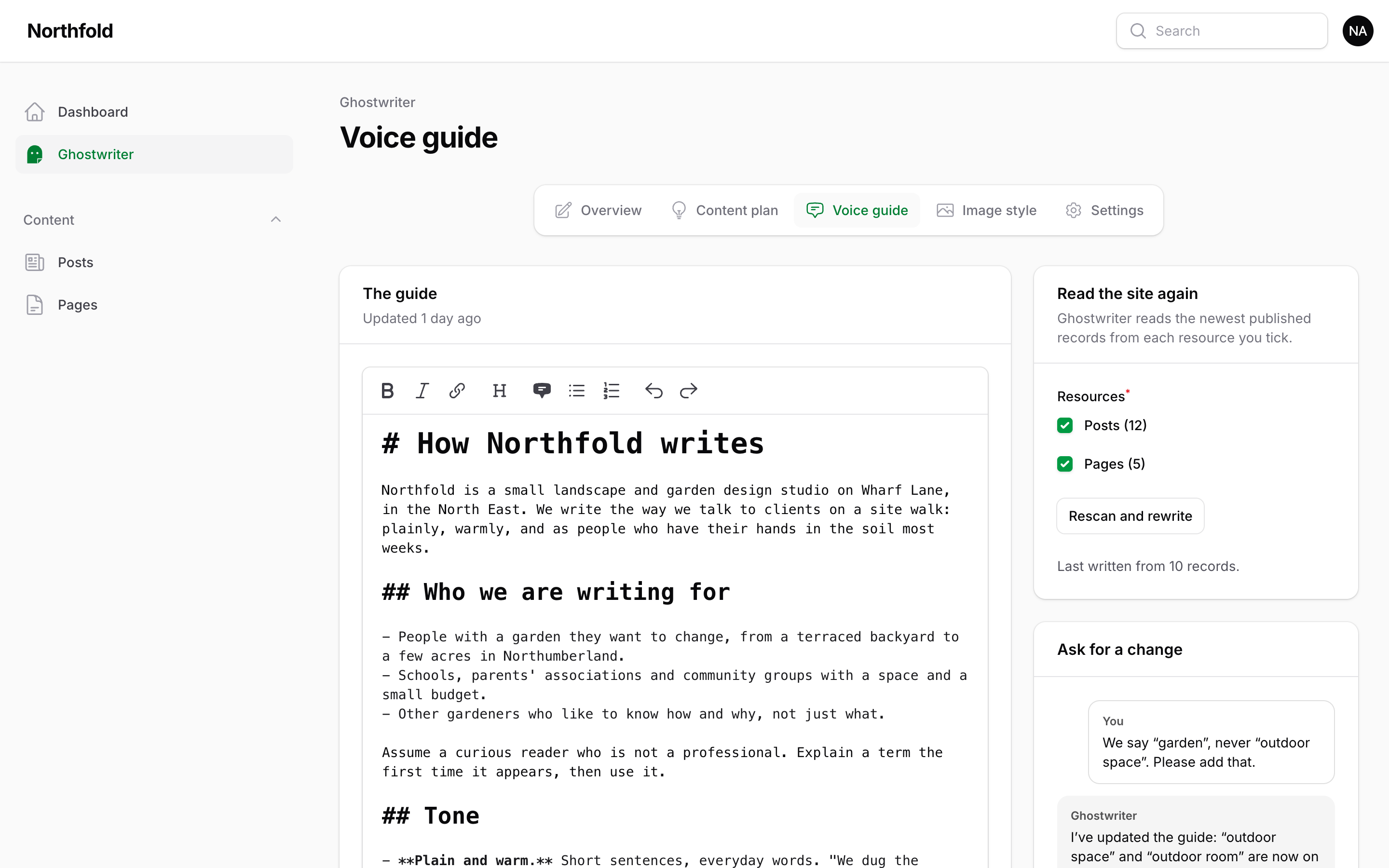 The voice guide in its editor, with Read the site again and Rescan and rewrite, and Ask for a change below