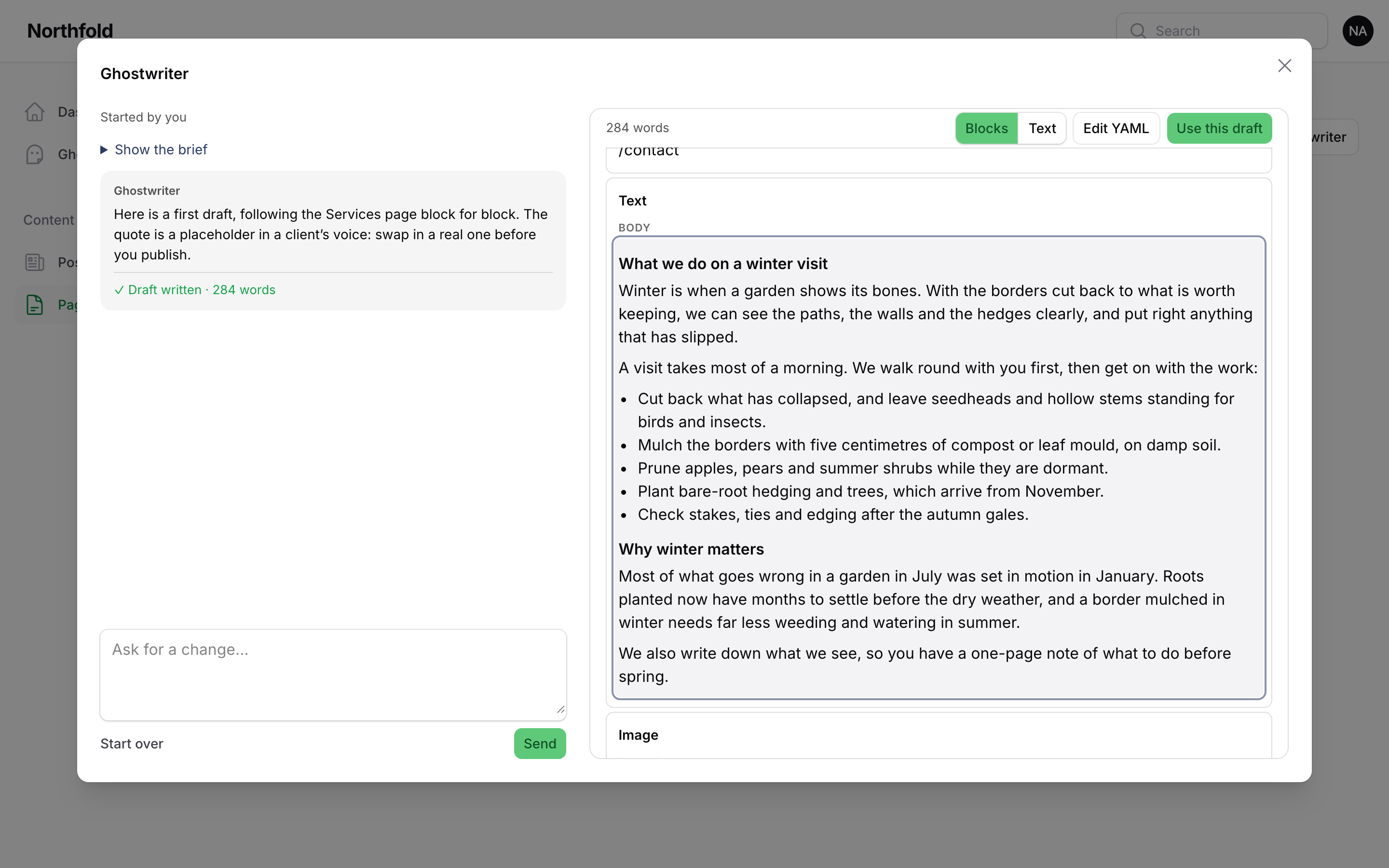 The draft of a page in Blocks view, with one piece of writing being changed in place, the word count, Edit YAML and Use this draft