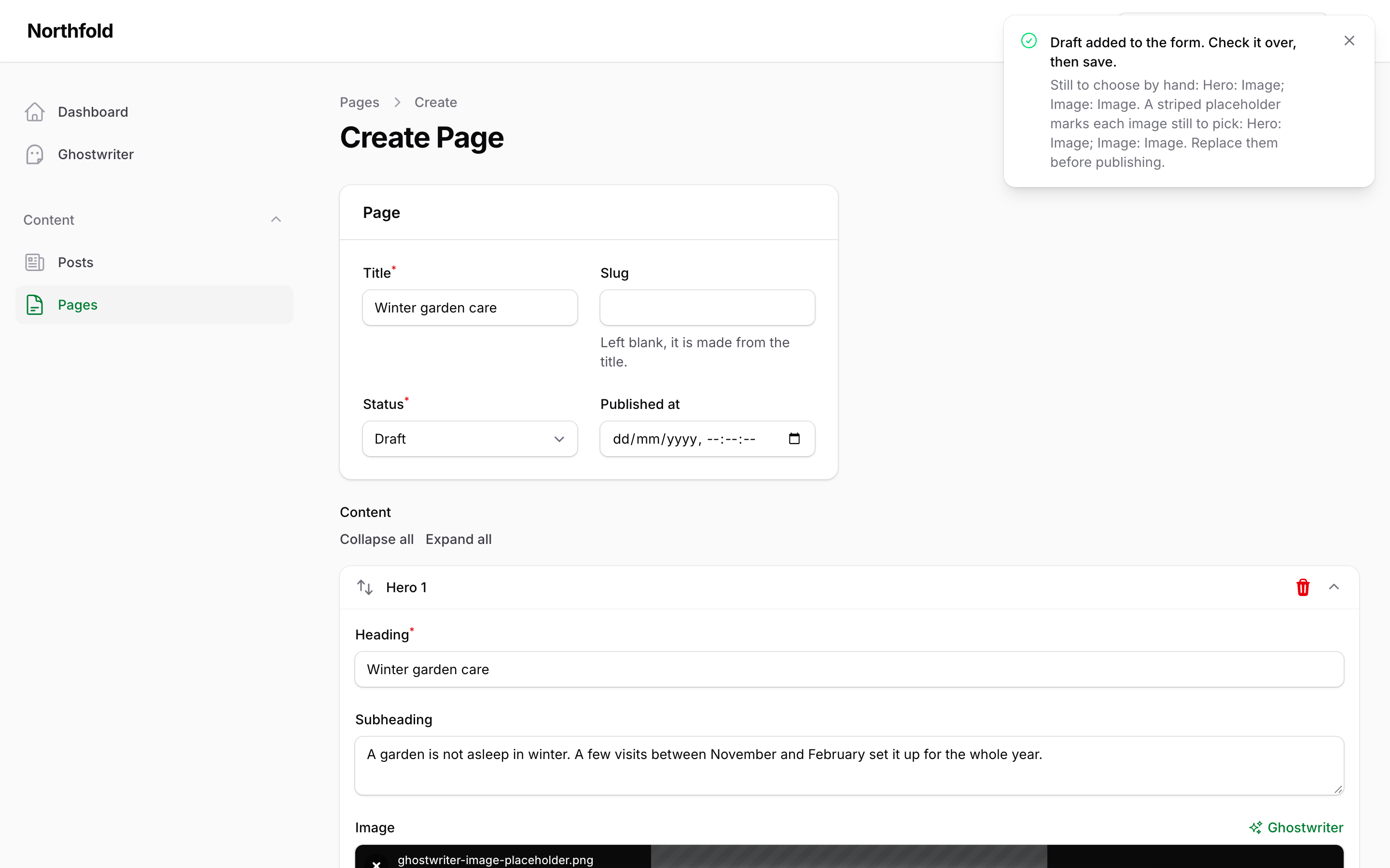 The Create page after Use this draft, with the notification Draft added to the form. Check it over, then save., listing the images still to choose