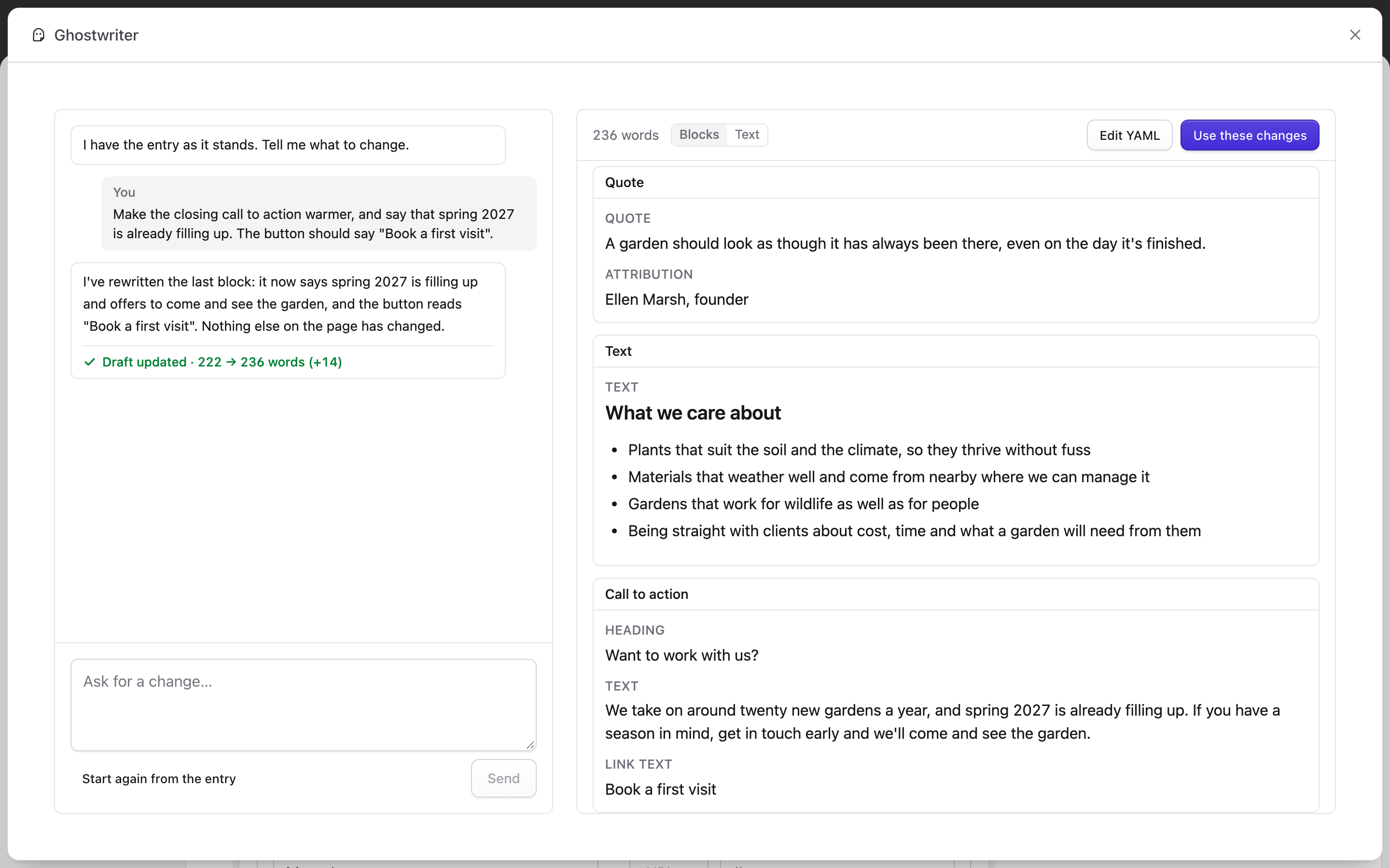 The About page in the panel, with a request, Ghostwriter's reply, and the revised draft with Use these changes