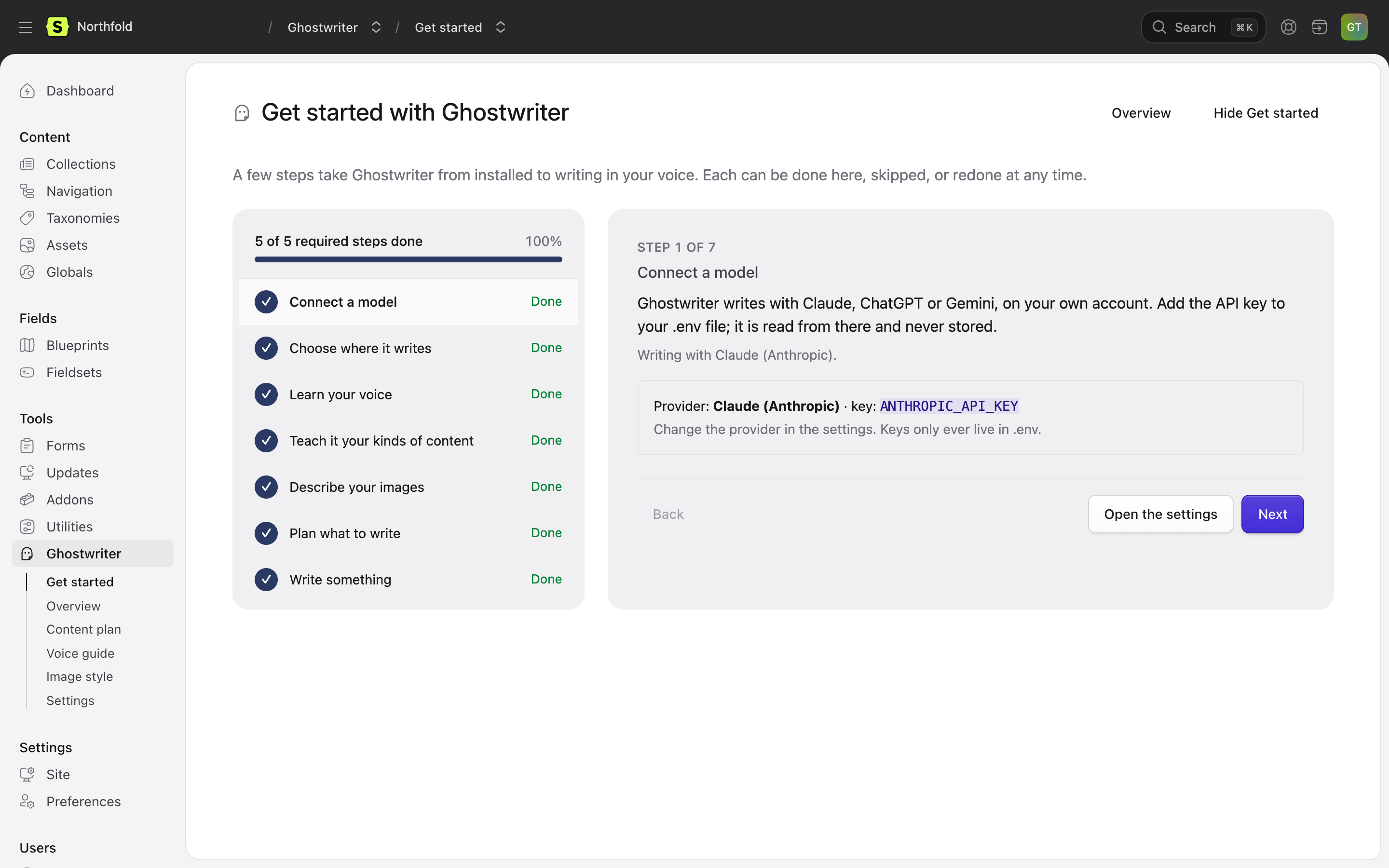 Get started open on step 1, Connect a model, with every step done