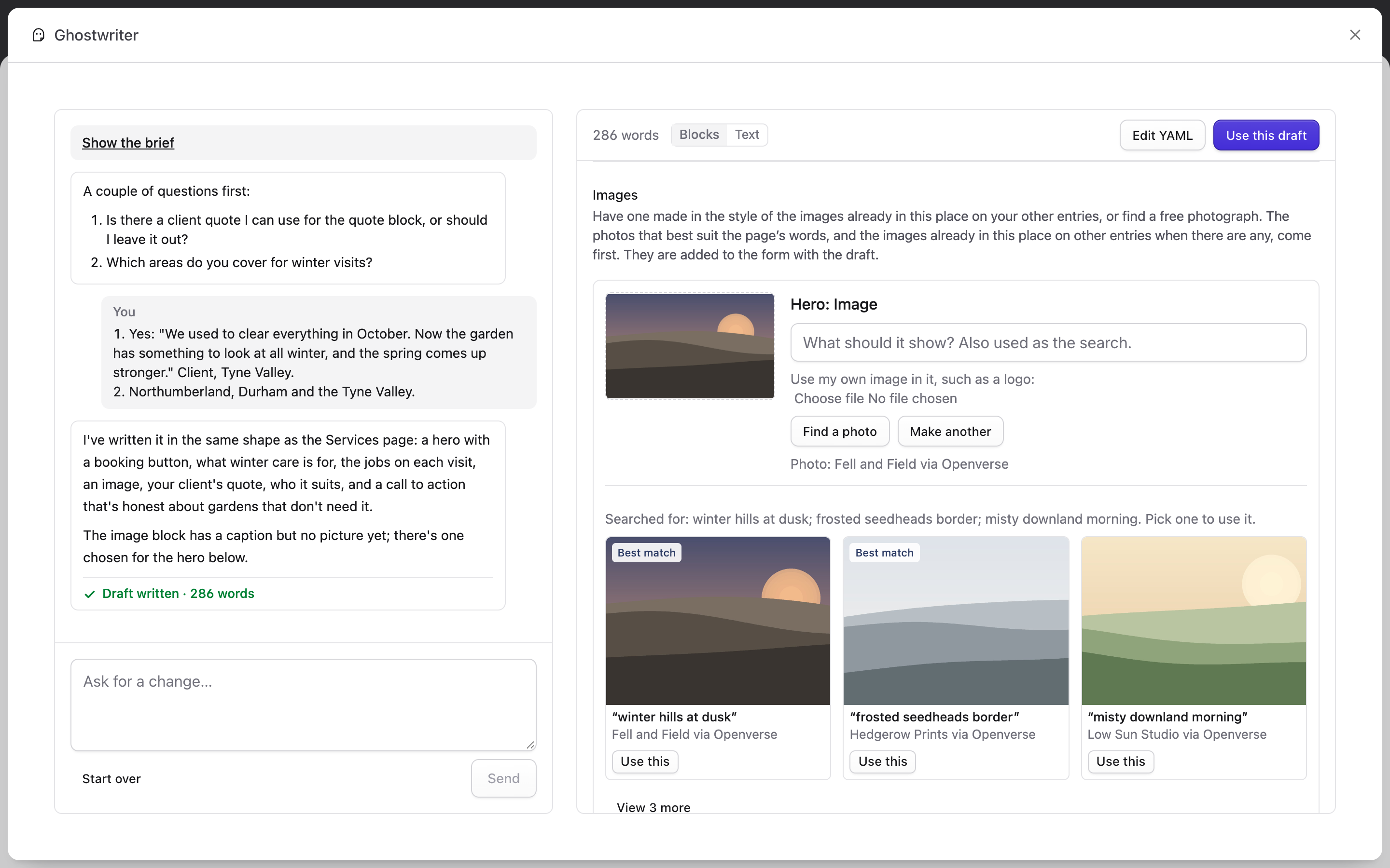 The Images section under a draft, with a chosen photo and three more marked Best match