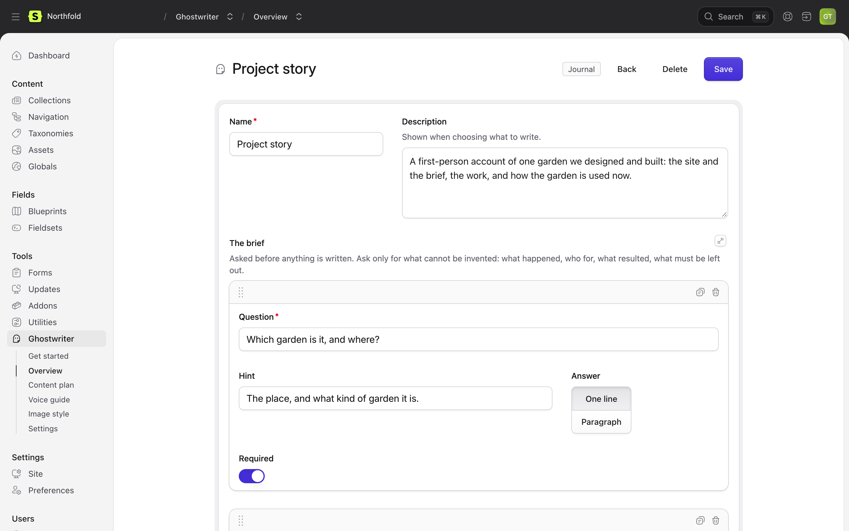 The Project story kind: its description, questions, guidance, checklist and examples