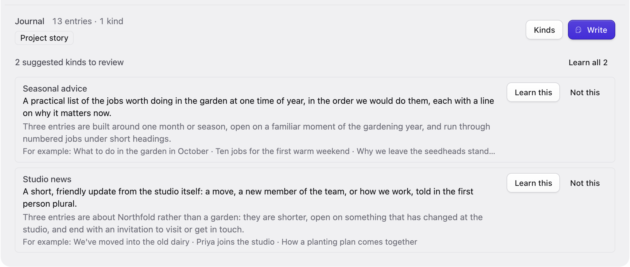 Suggested kinds for the Journal, each with its description, why, examples, Learn this and Not this