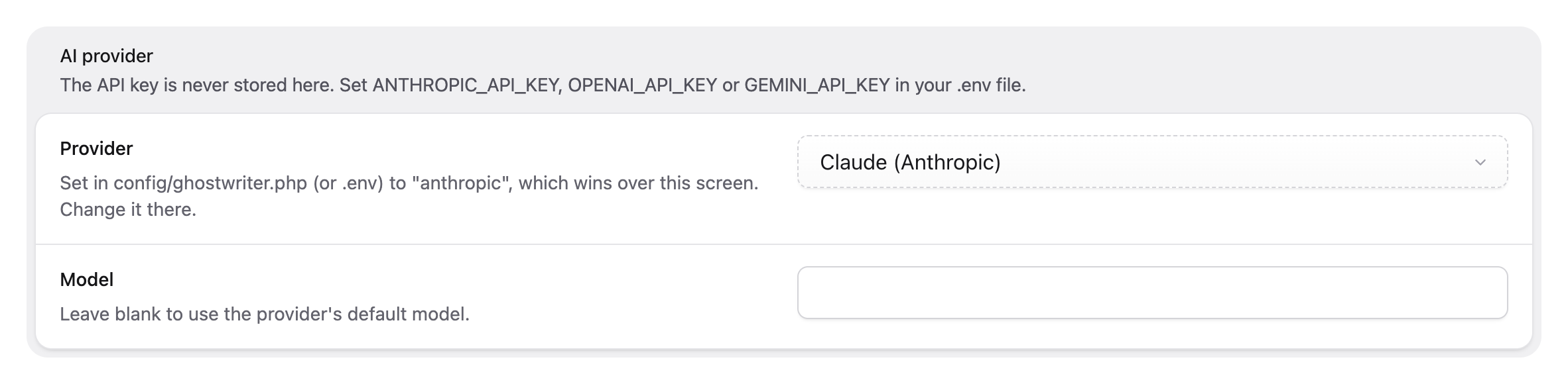 The AI provider section with Provider locked by config, and its note
