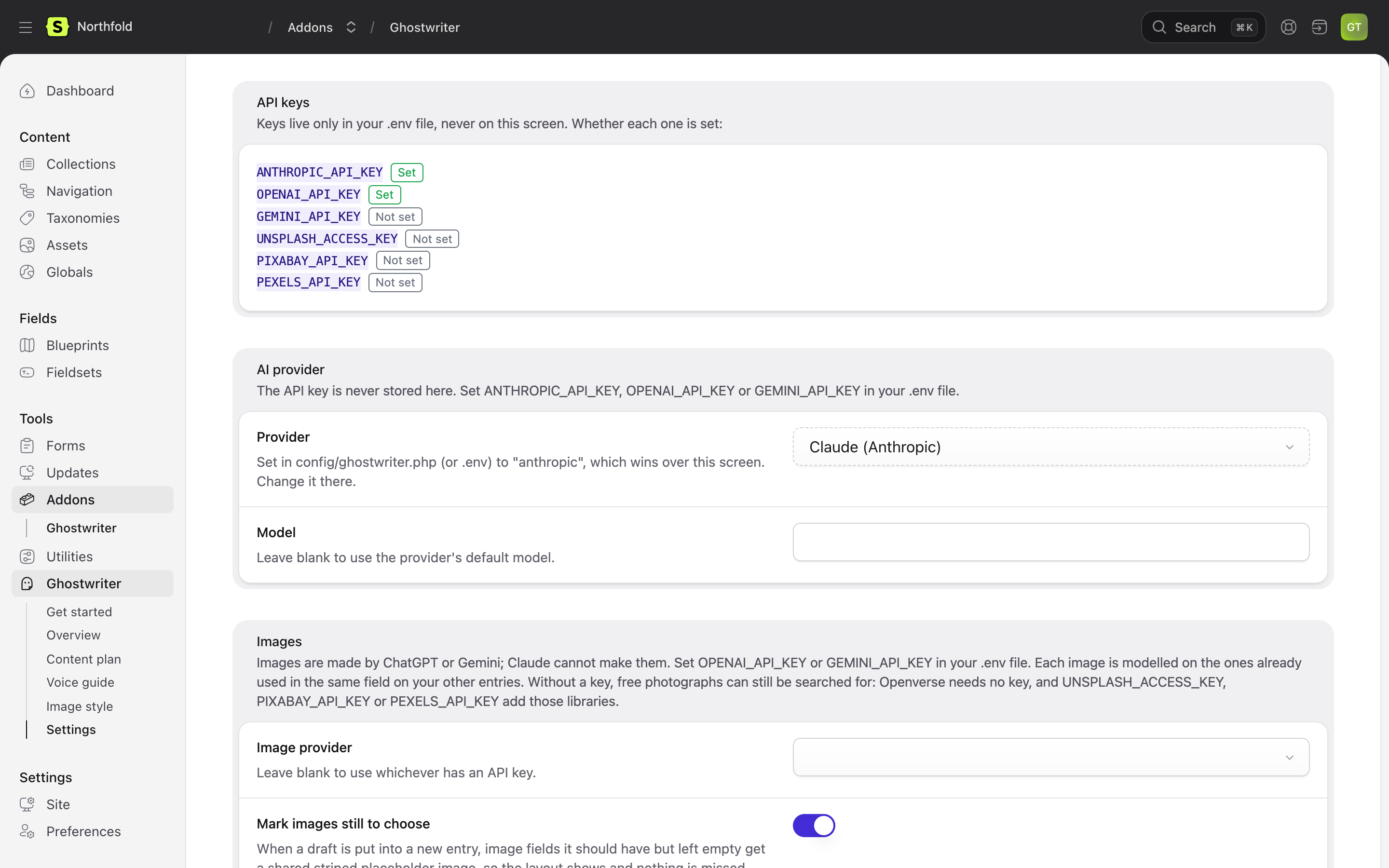 The settings screen, showing API keys and the AI provider