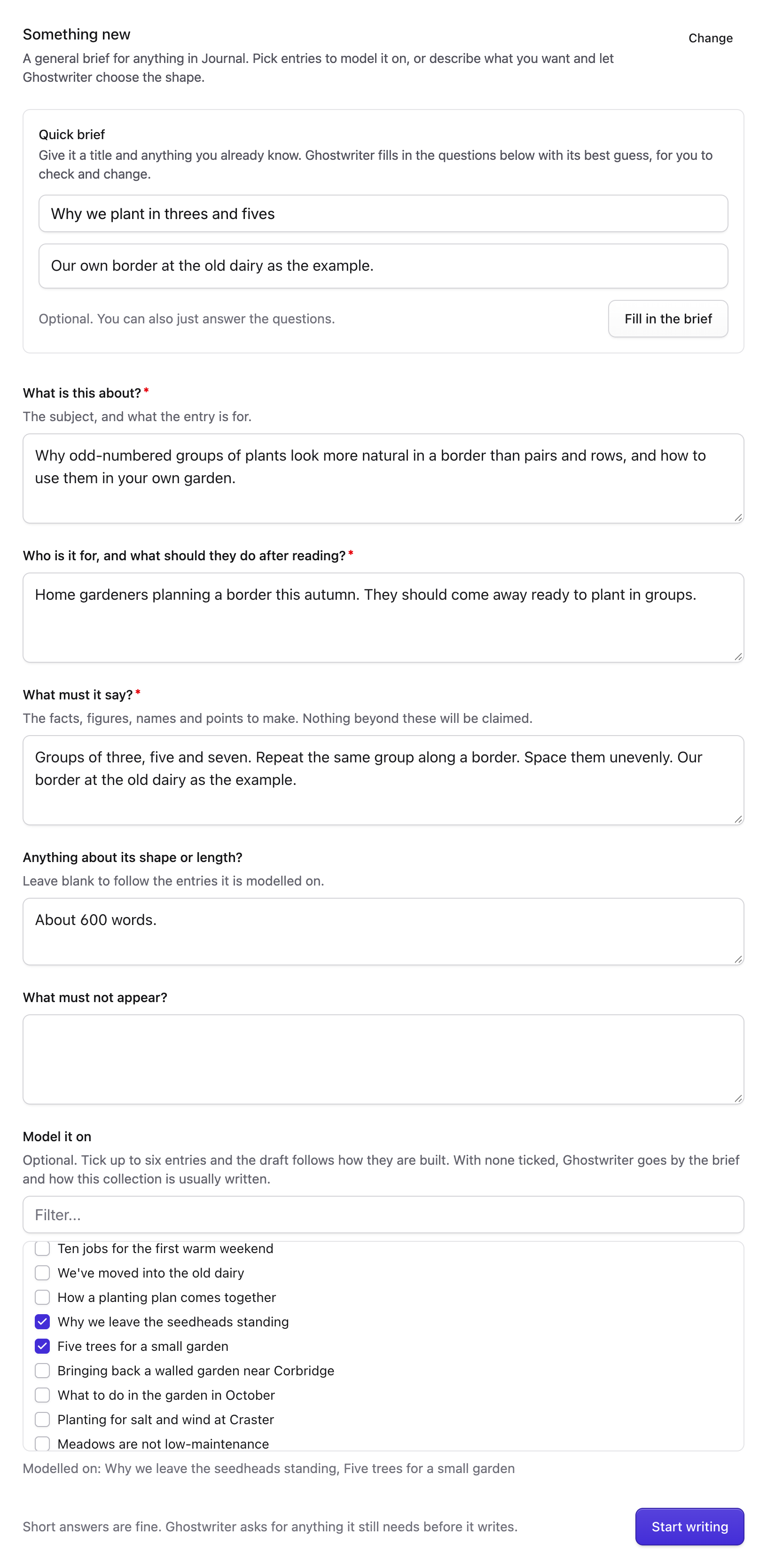 The quick brief for Something else, with a working title, notes, Model it on and Start writing