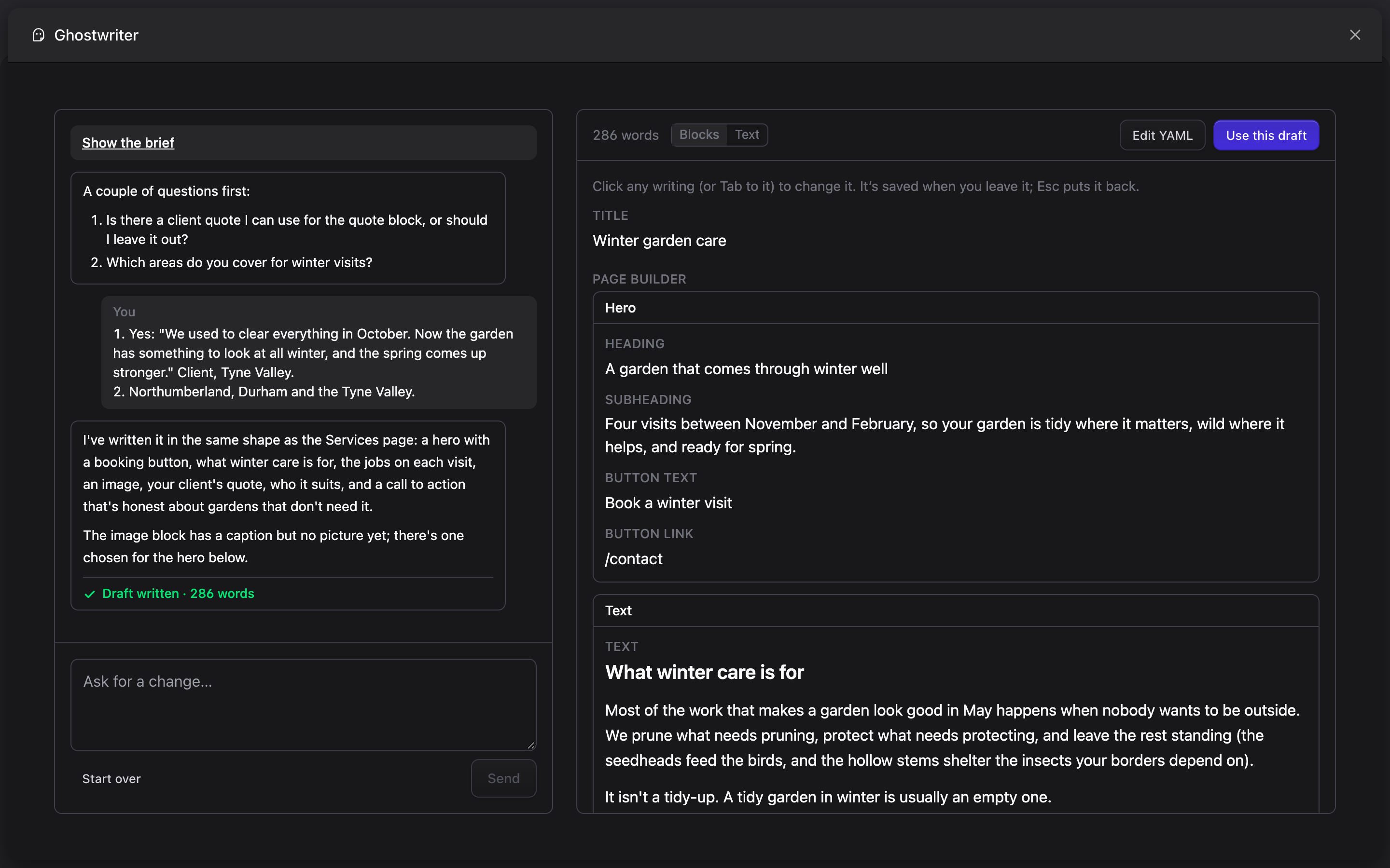 The same draft in dark mode