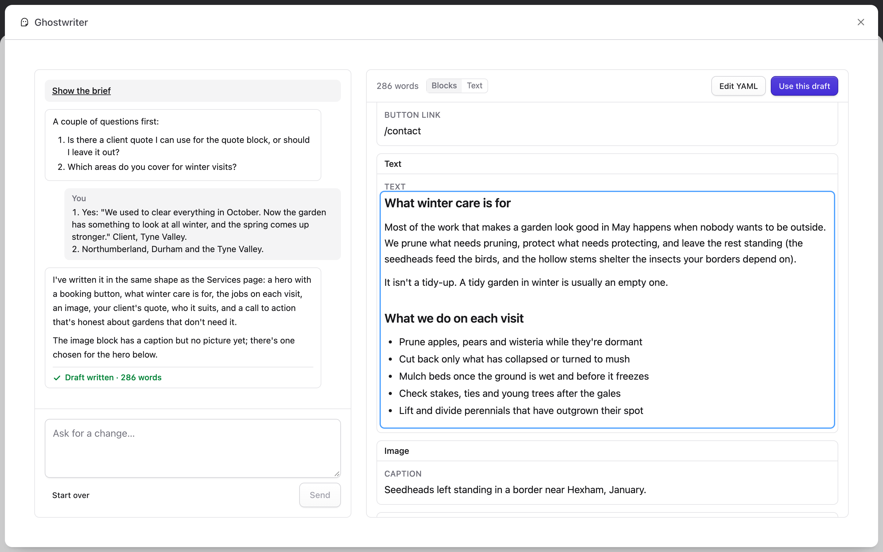 A page-builder draft in Blocks view, with one text block being edited