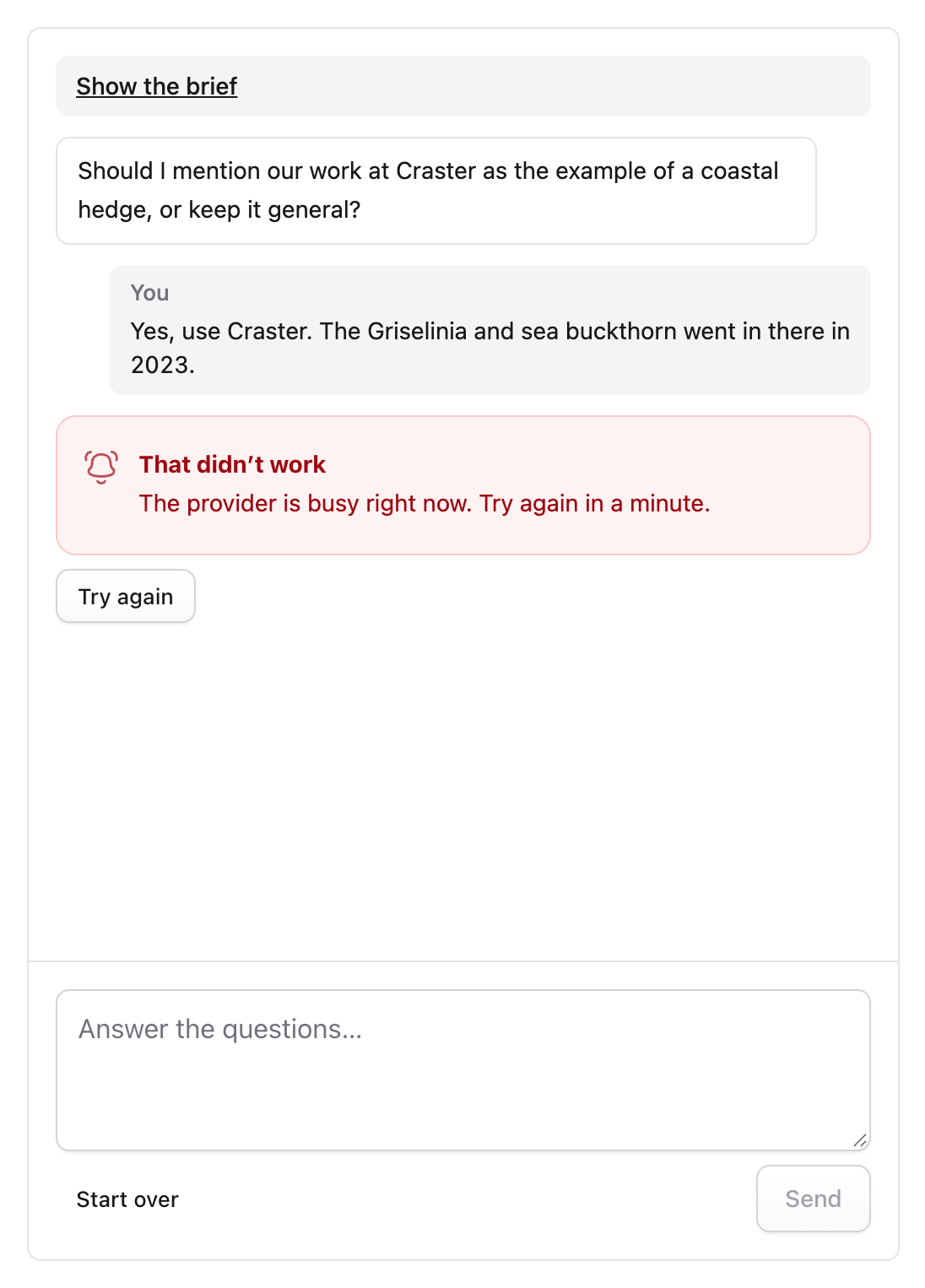 That didn't work, with the provider's error and Try again