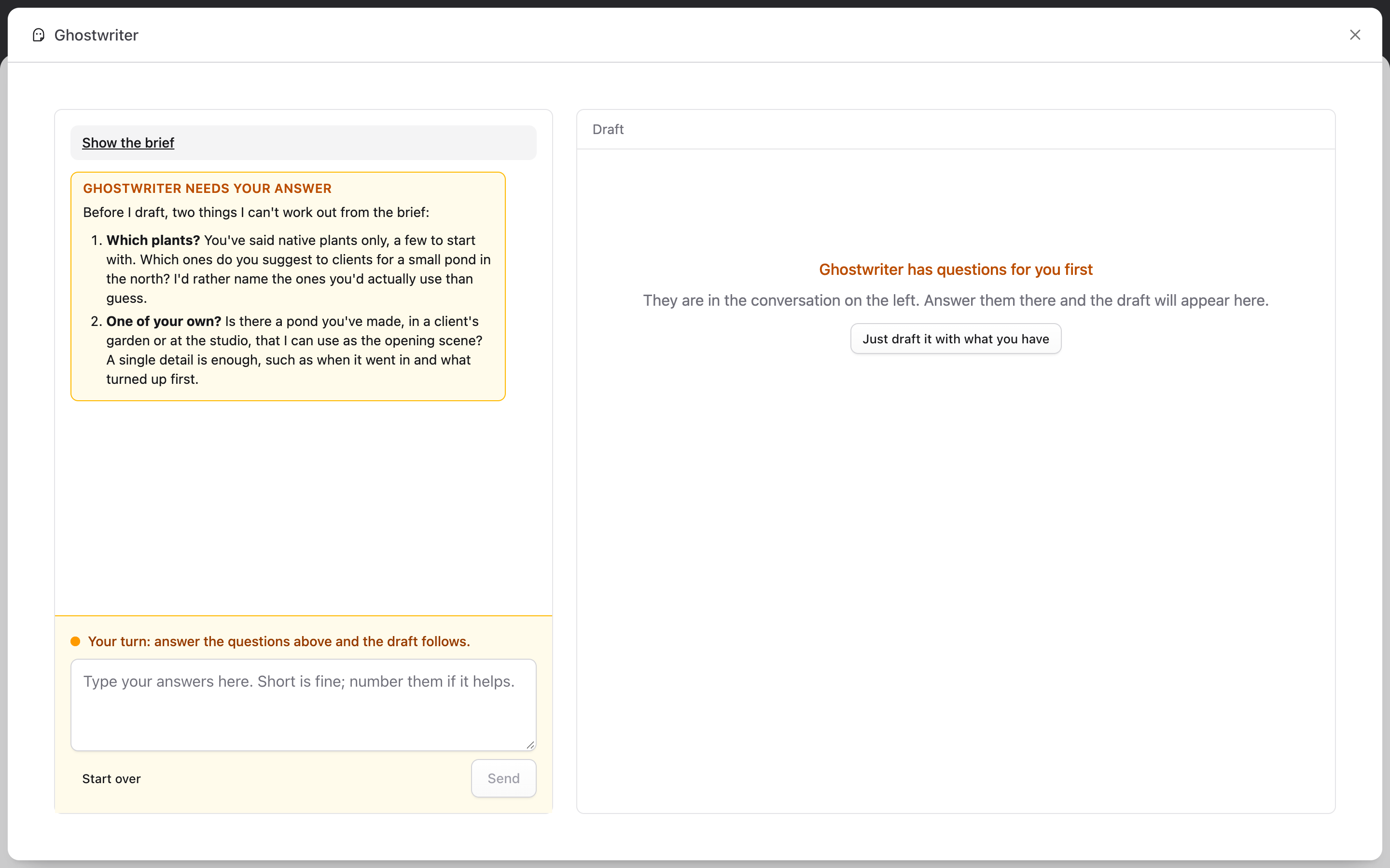 Ghostwriter asking two questions, with Ghostwriter needs your answer and Just draft it with what you have
